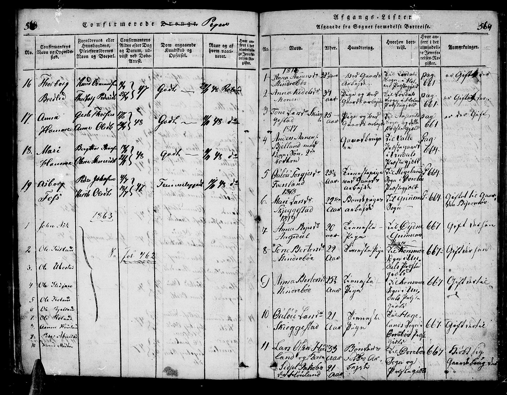 Bjelland sokneprestkontor, SAK/1111-0005/F/Fa/Faa/L0002: Parish register (official) no. A 2, 1816-1866, p. 568-569
