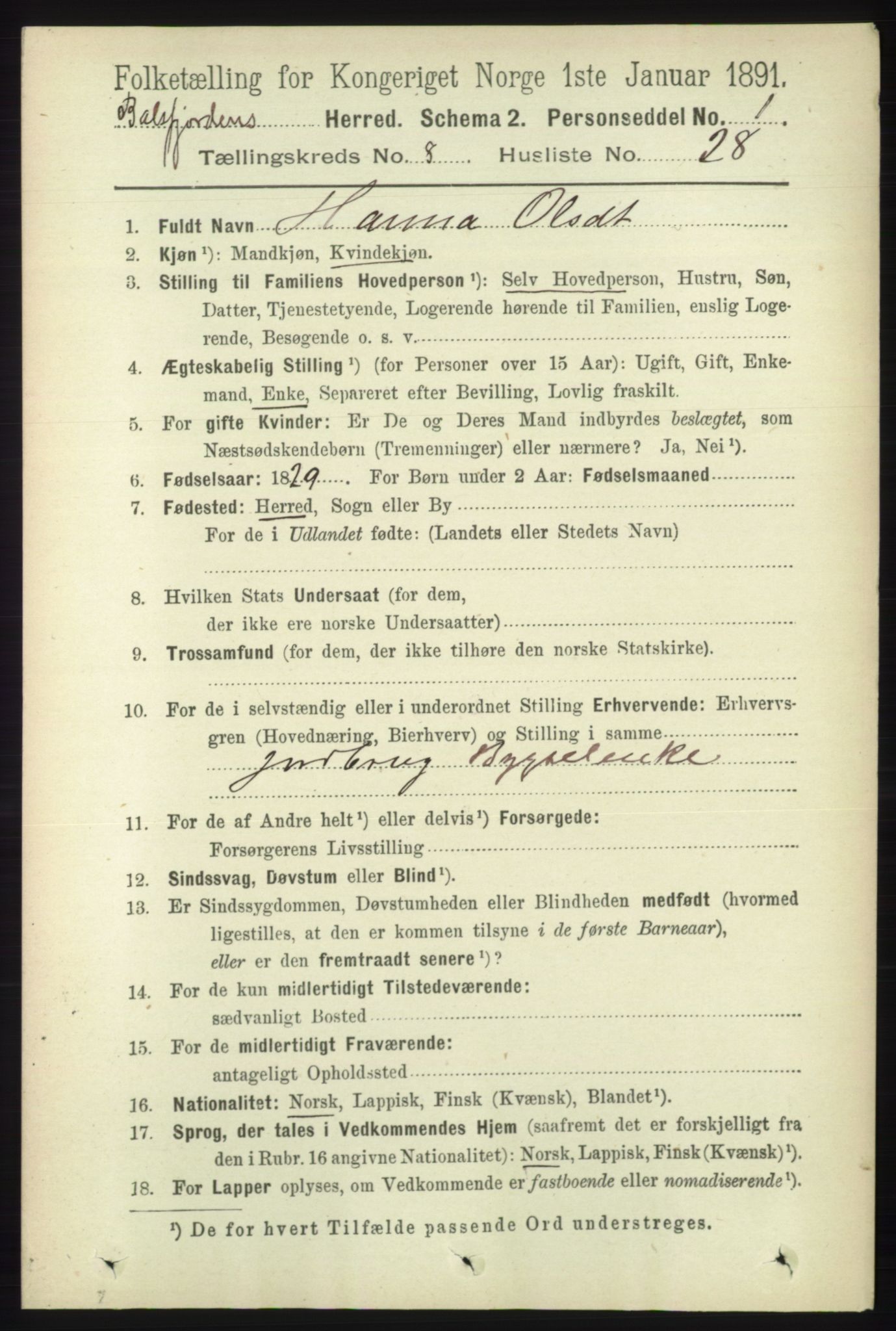 RA, 1891 census for 1933 Balsfjord, 1891, p. 2640