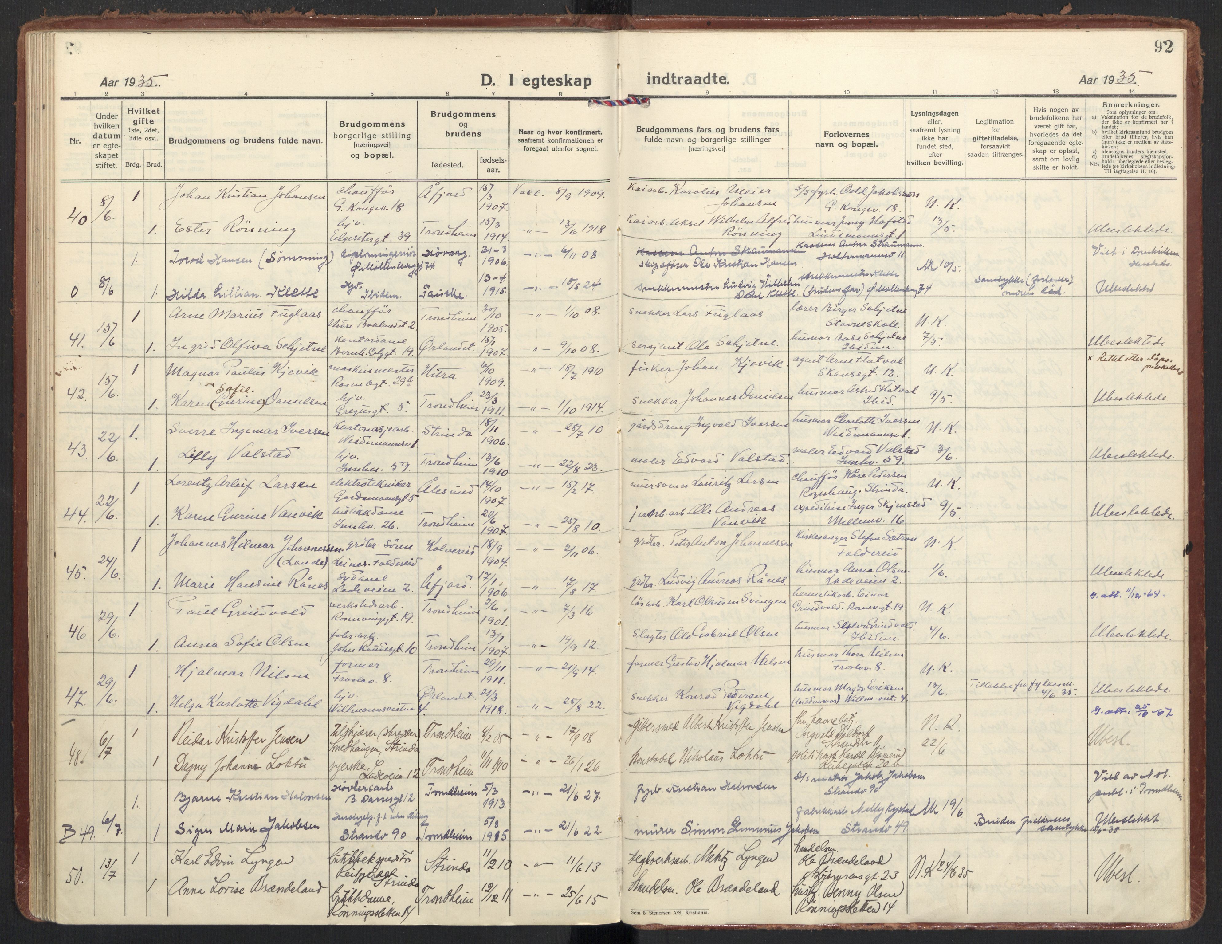 Ministerialprotokoller, klokkerbøker og fødselsregistre - Sør-Trøndelag, AV/SAT-A-1456/605/L0249: Parish register (official) no. 605A11, 1925-1936, p. 92