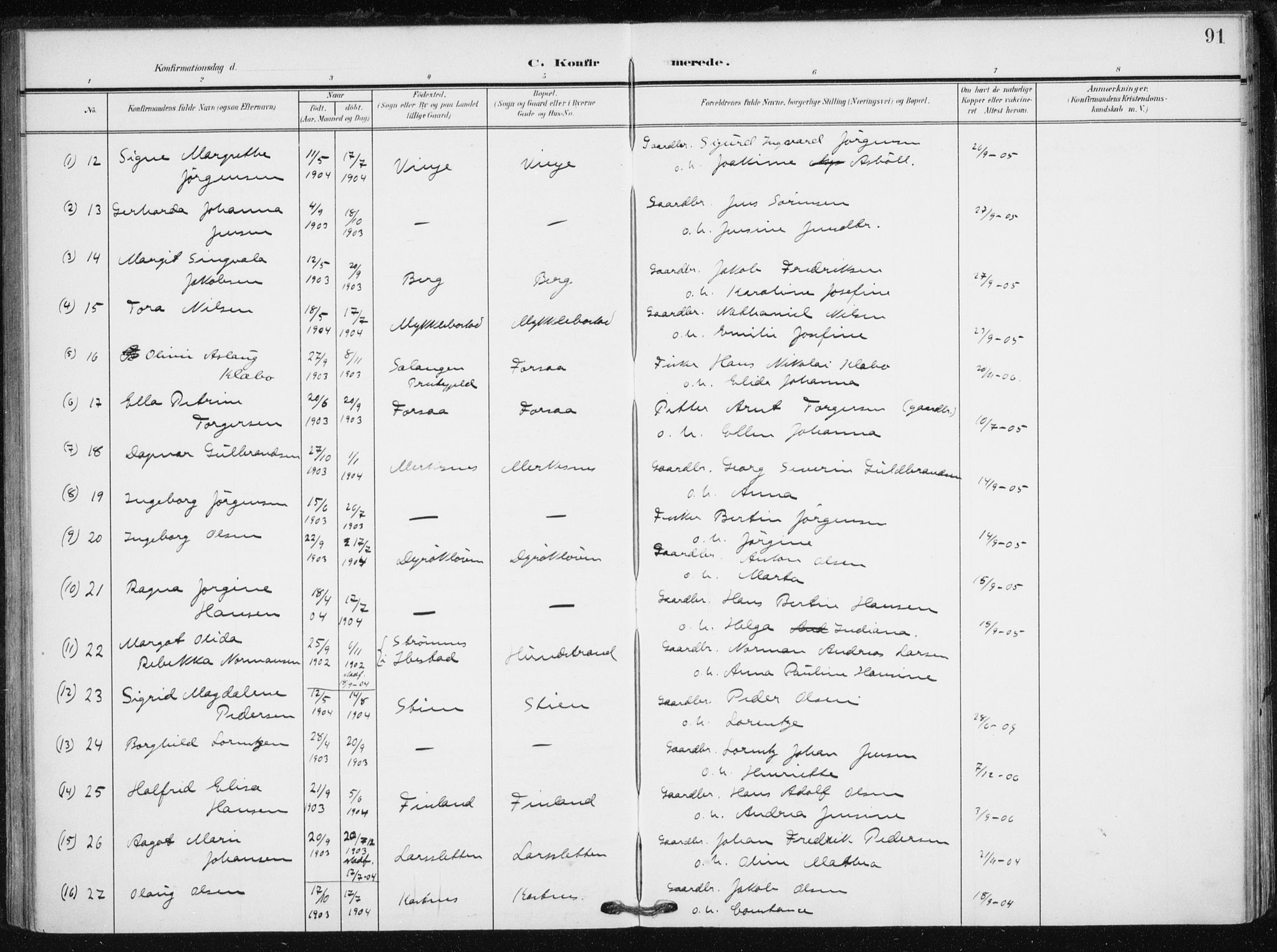 Tranøy sokneprestkontor, AV/SATØ-S-1313/I/Ia/Iaa/L0013kirke: Parish register (official) no. 13, 1905-1922, p. 91