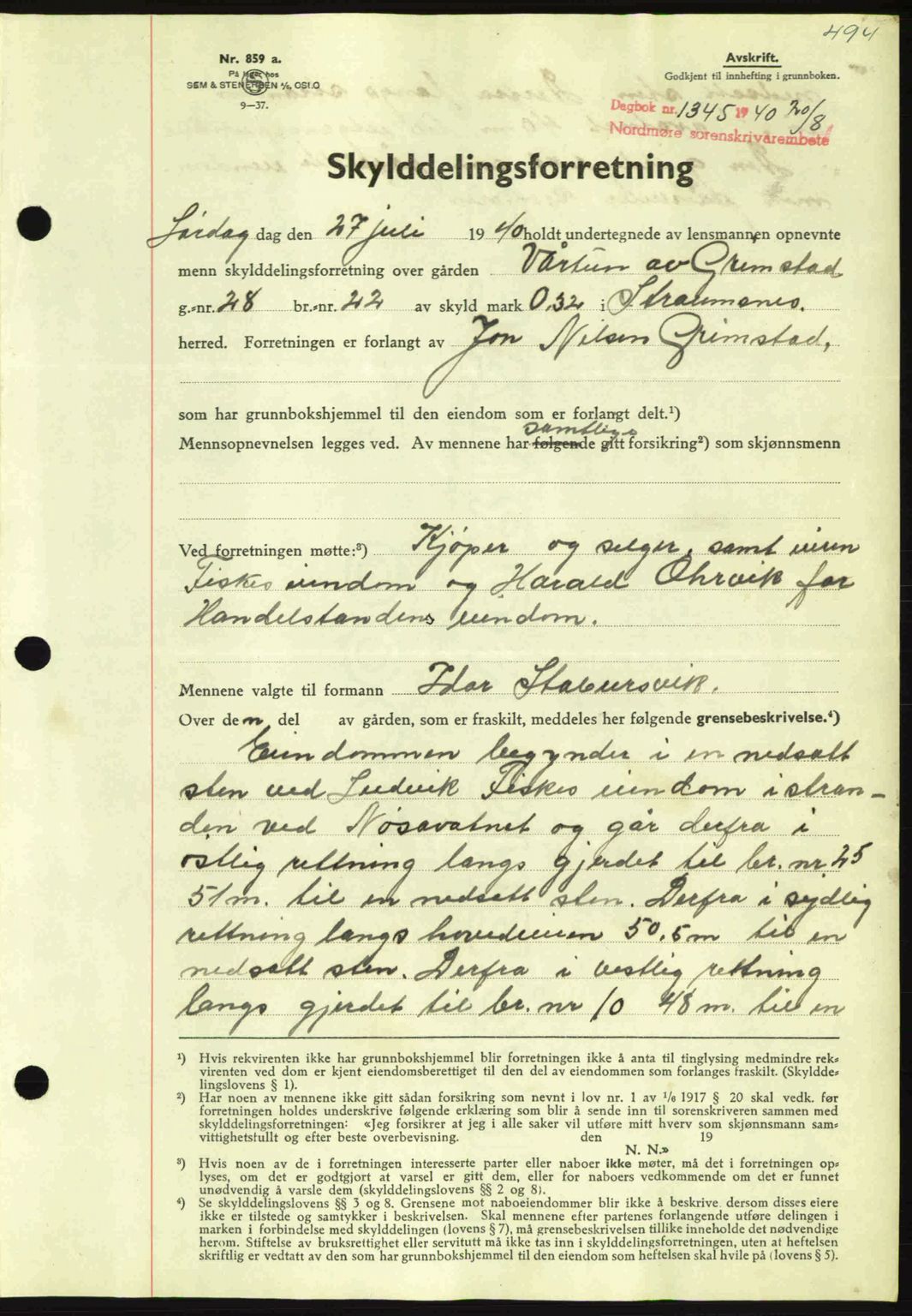 Nordmøre sorenskriveri, AV/SAT-A-4132/1/2/2Ca: Mortgage book no. A88, 1940-1940, Diary no: : 1345/1940