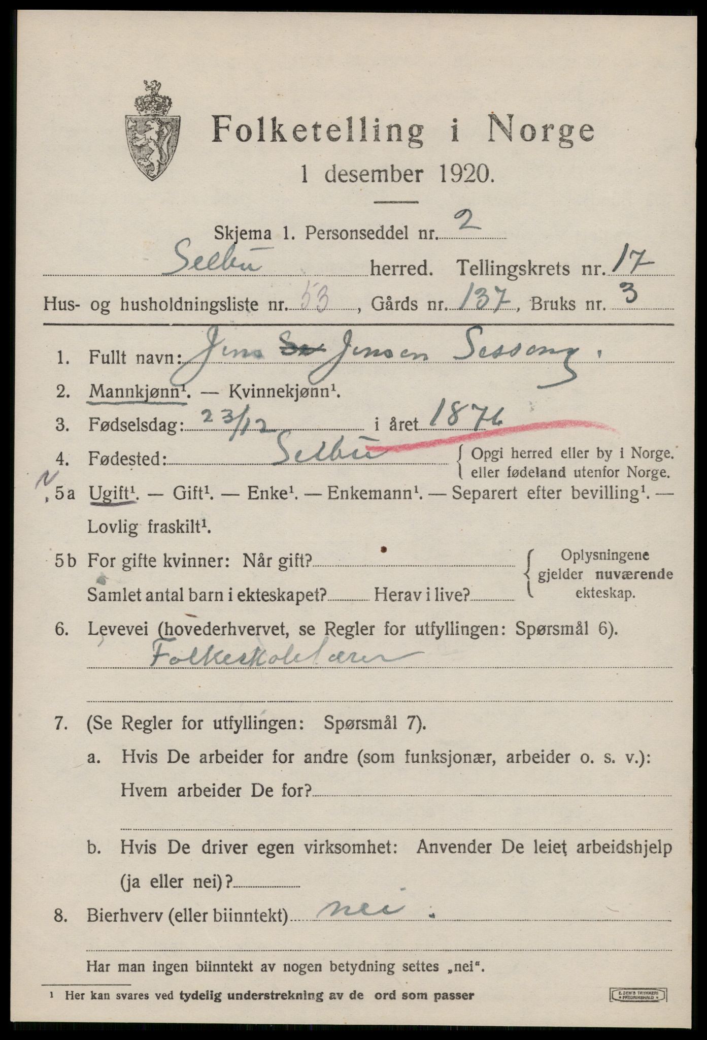 SAT, 1920 census for Selbu, 1920, p. 9440