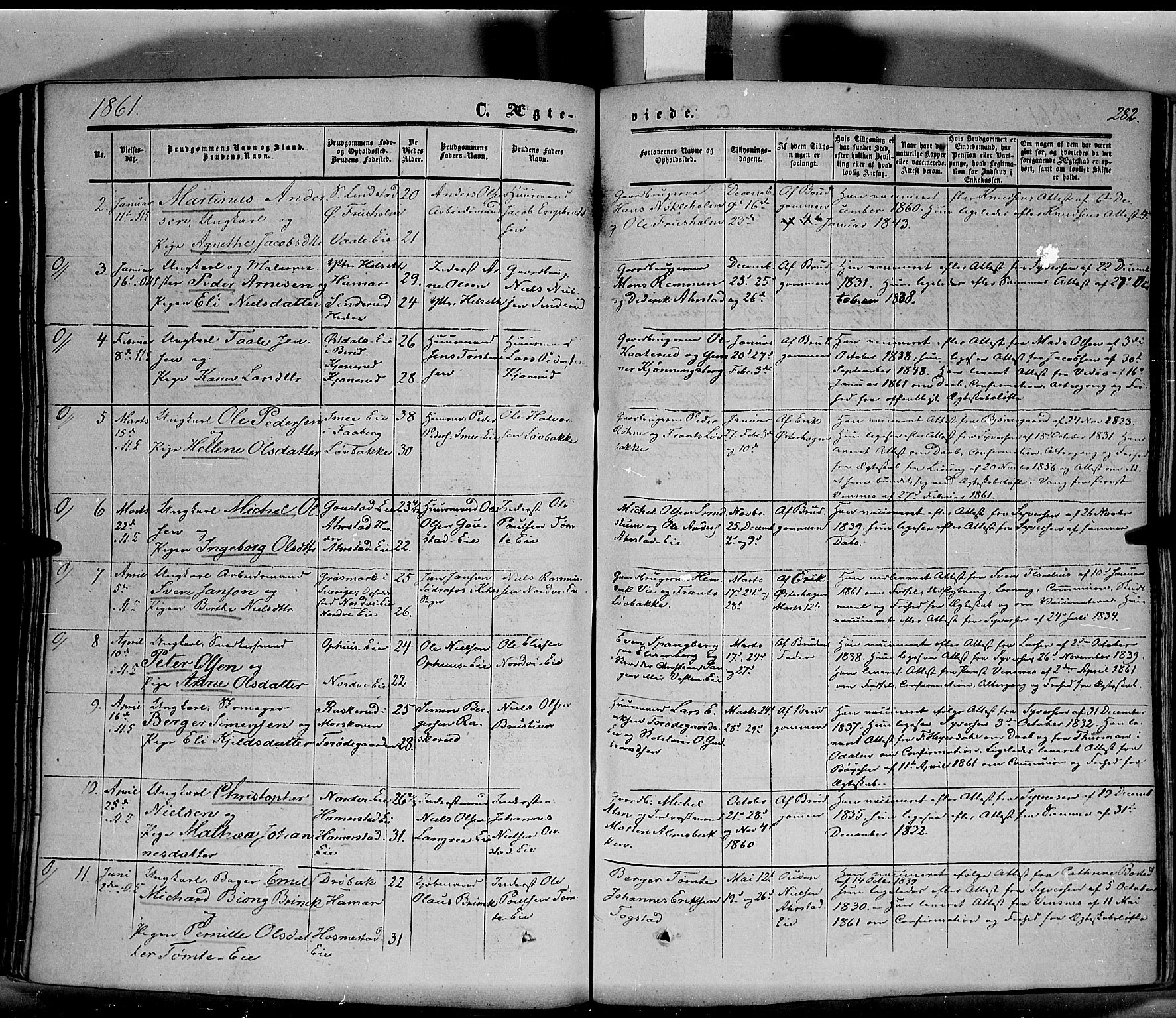 Stange prestekontor, AV/SAH-PREST-002/K/L0012: Parish register (official) no. 12, 1852-1862, p. 282