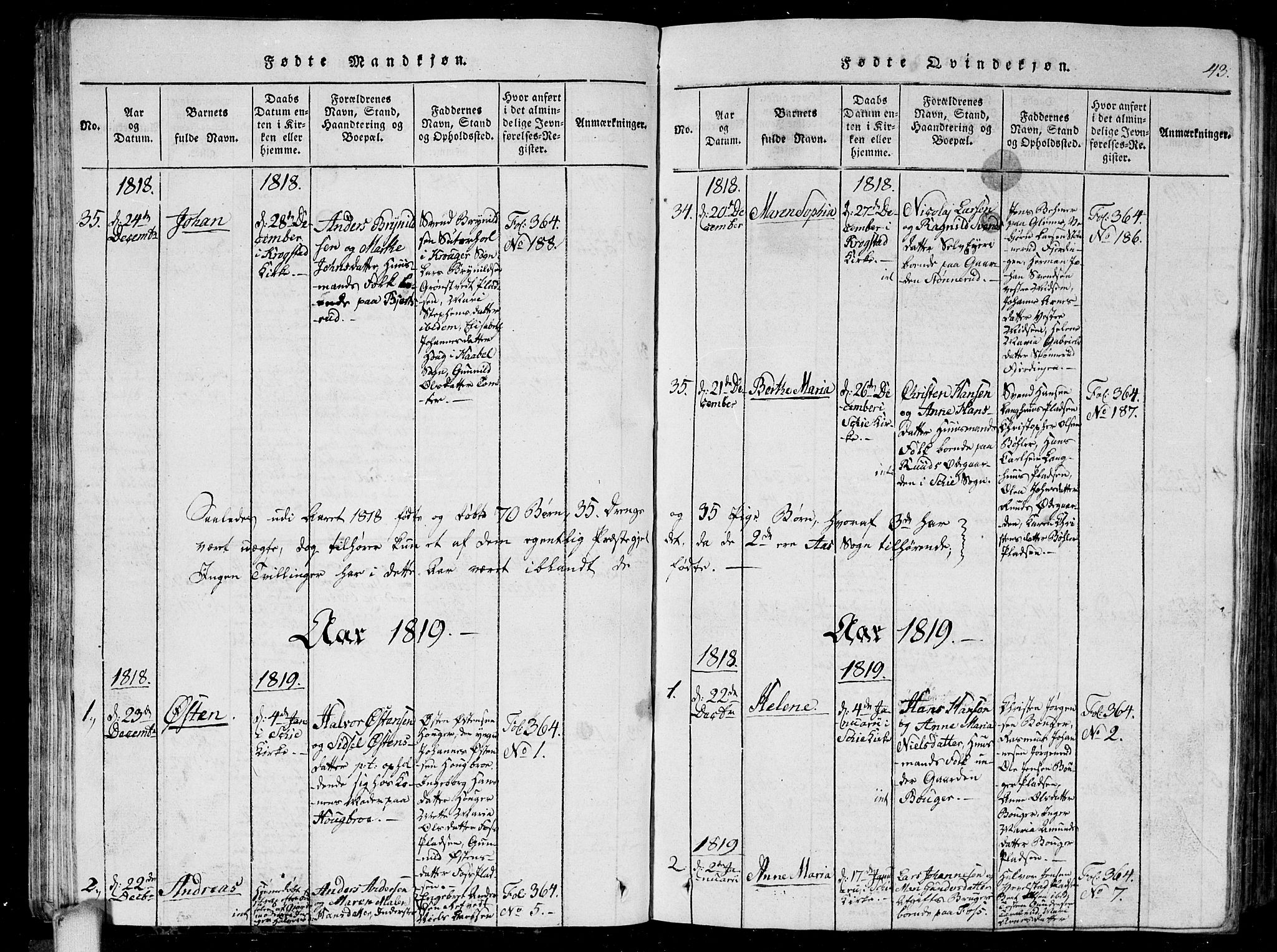 Kråkstad prestekontor Kirkebøker, AV/SAO-A-10125a/G/Ga/L0001: Parish register (copy) no. I 1, 1813-1824, p. 43