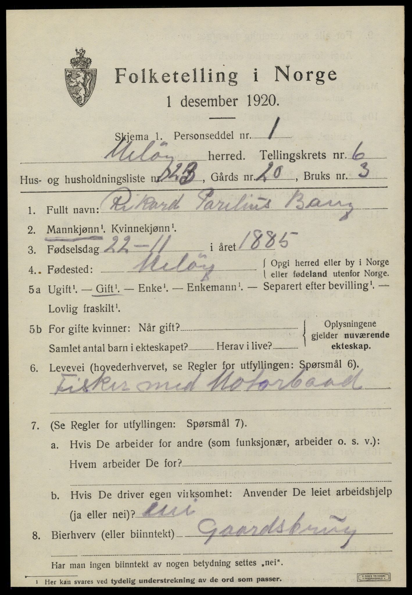 SAT, 1920 census for Meløy, 1920, p. 3697