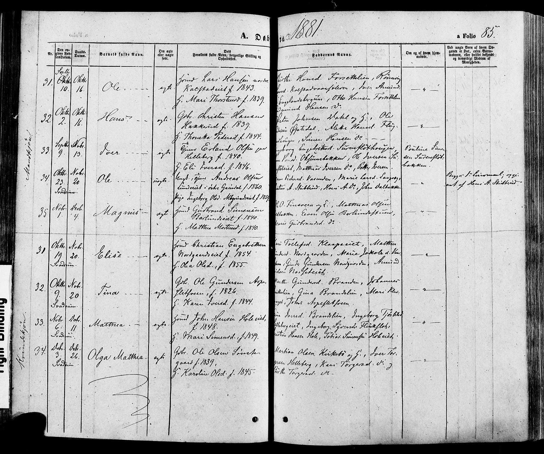 Gausdal prestekontor, SAH/PREST-090/H/Ha/Haa/L0010: Parish register (official) no. 10, 1867-1886, p. 85