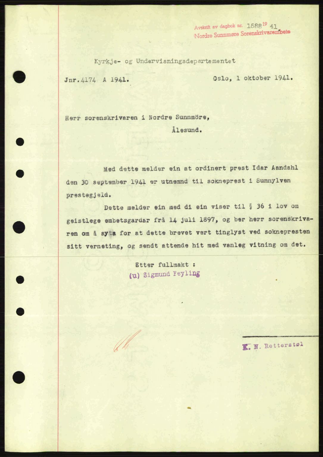 Nordre Sunnmøre sorenskriveri, SAT/A-0006/1/2/2C/2Ca: Mortgage book no. B1-6, 1938-1942, Diary no: : 1588/1941
