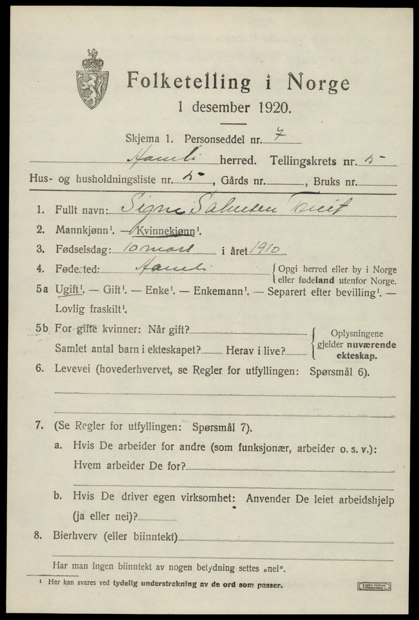 SAK, 1920 census for Åmli, 1920, p. 2337