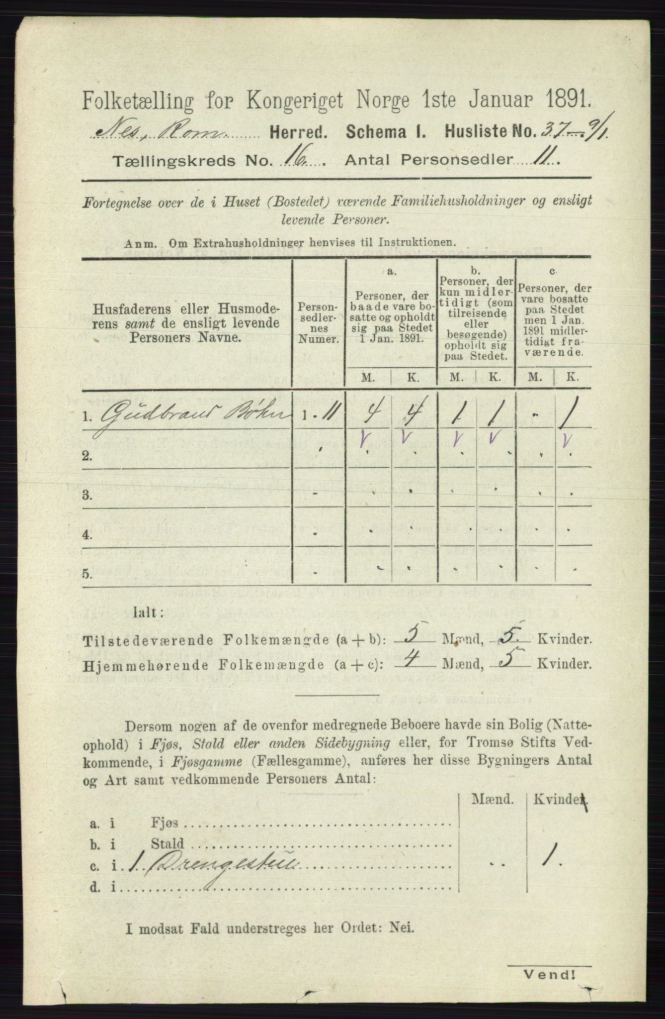 RA, 1891 census for 0236 Nes, 1891, p. 9535
