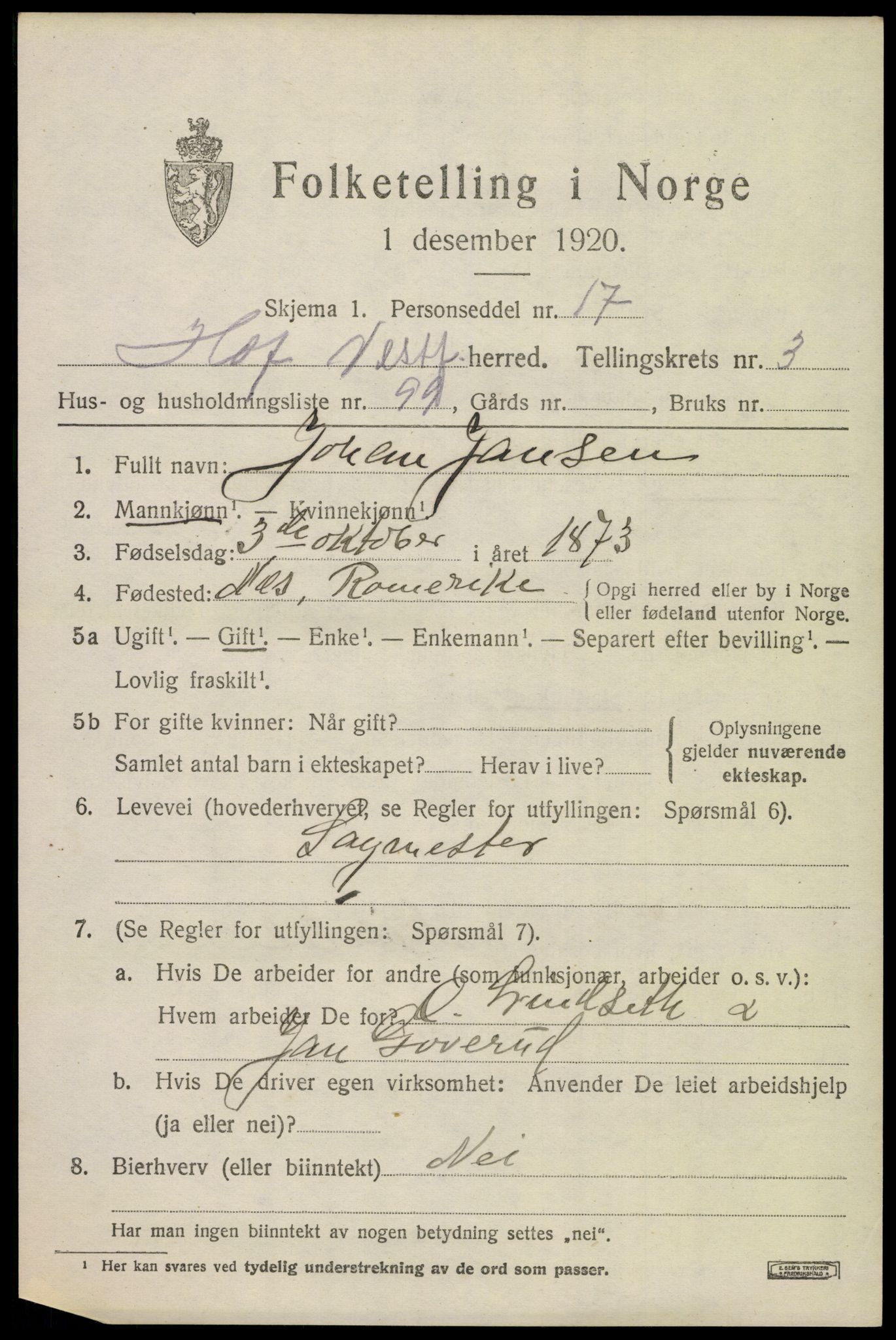 SAKO, 1920 census for Hof, 1920, p. 4865