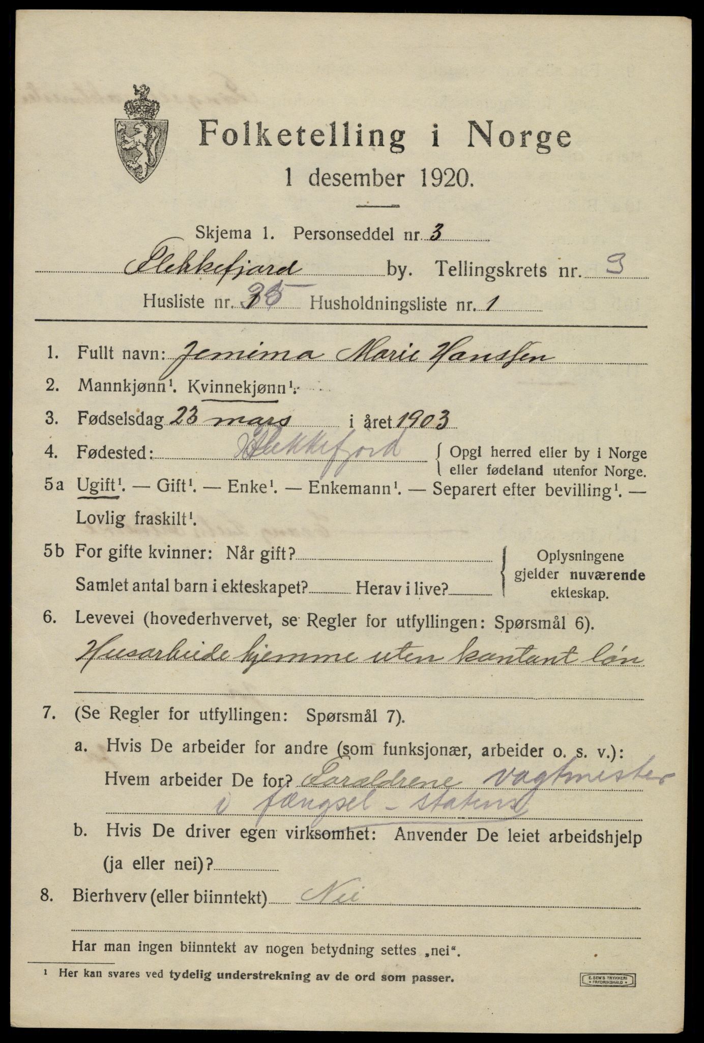 SAK, 1920 census for Flekkefjord, 1920, p. 3816