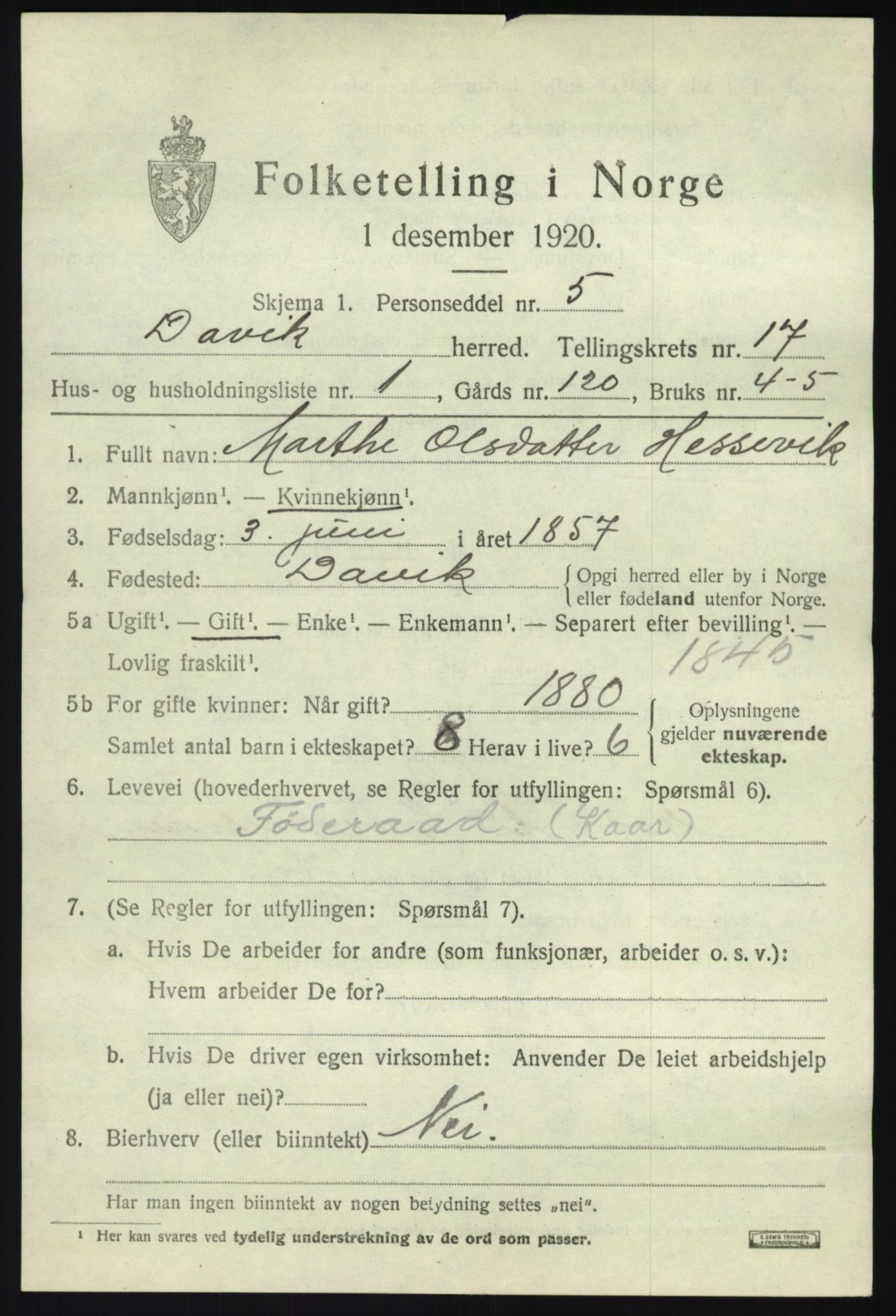 SAB, 1920 census for Davik, 1920, p. 7687
