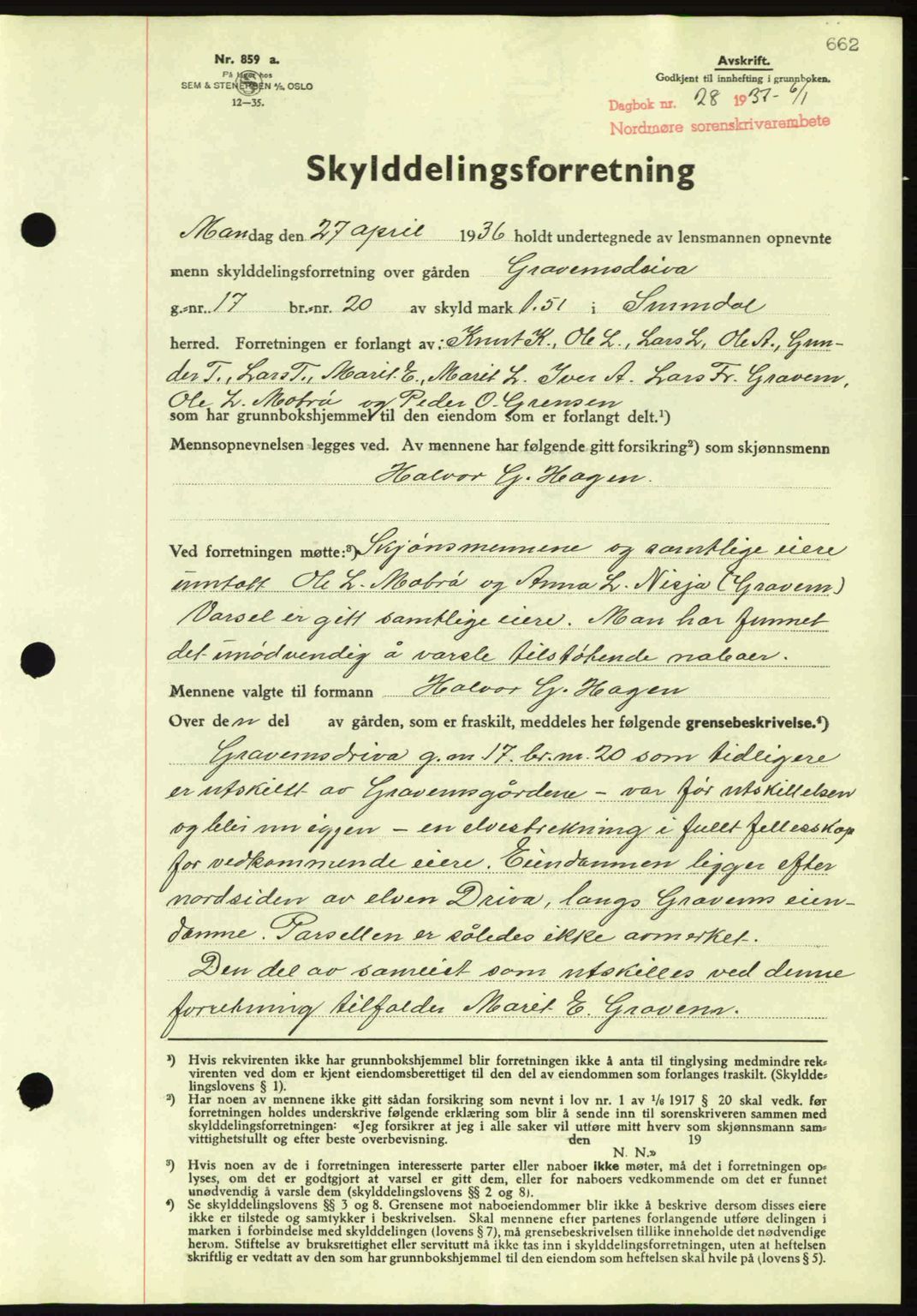 Nordmøre sorenskriveri, AV/SAT-A-4132/1/2/2Ca: Mortgage book no. A80, 1936-1937, Diary no: : 28/1937