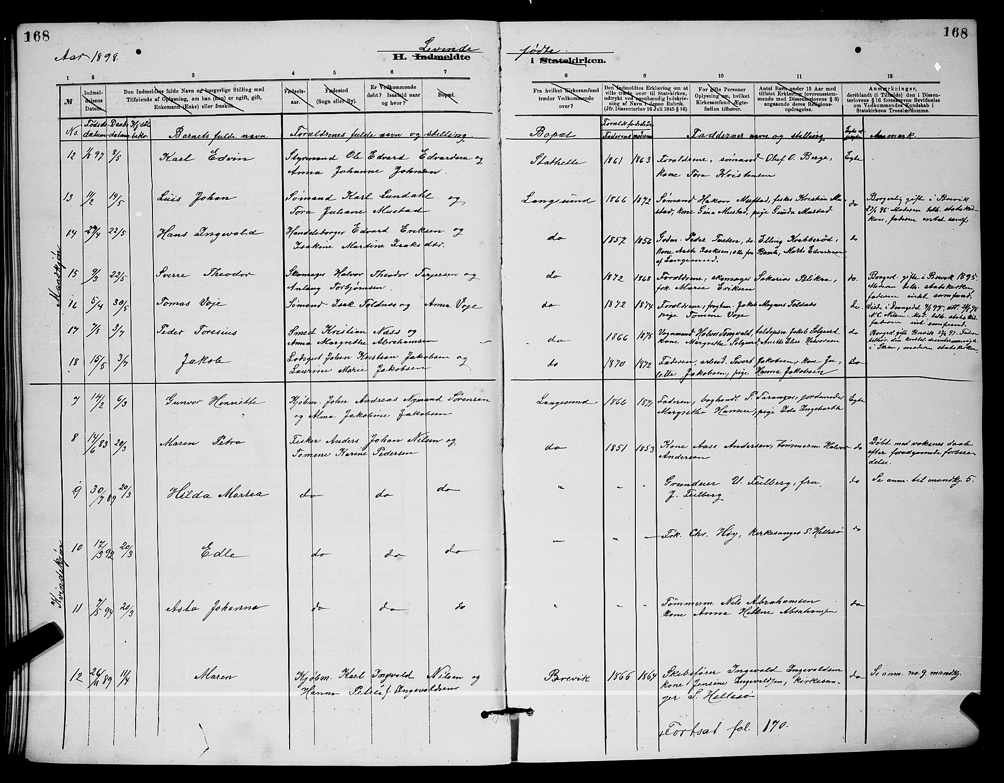 Langesund kirkebøker, SAKO/A-280/G/Ga/L0005: Parish register (copy) no. 5, 1884-1898, p. 168