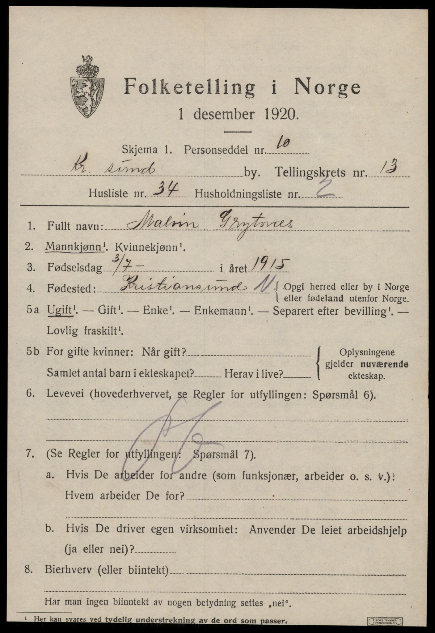 SAT, 1920 census for Kristiansund, 1920, p. 27497