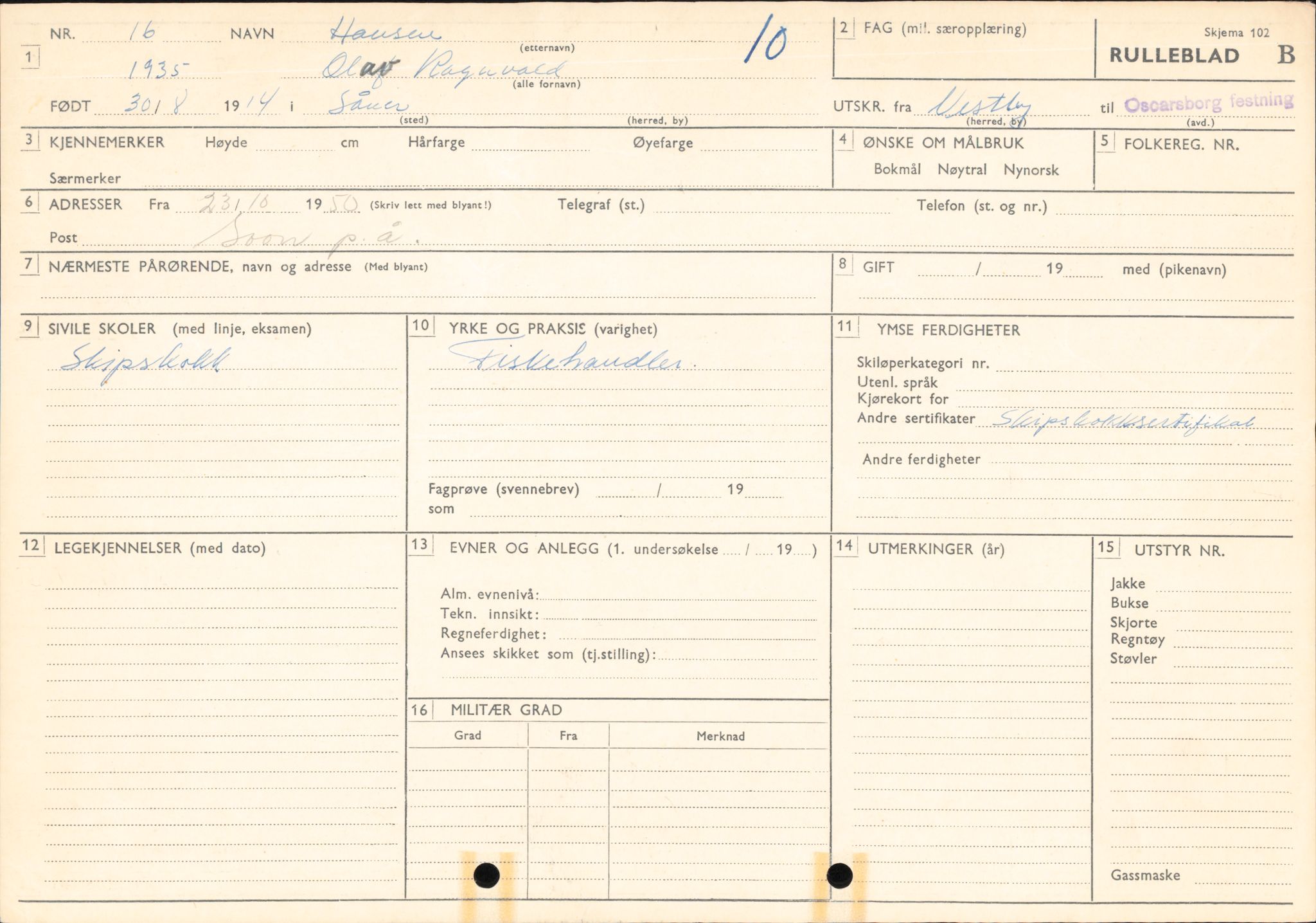 Forsvaret, Forsvarets overkommando/Luftforsvarsstaben, RA/RAFA-4079/P/Pa/L0036: Personellpapirer, 1914, p. 9