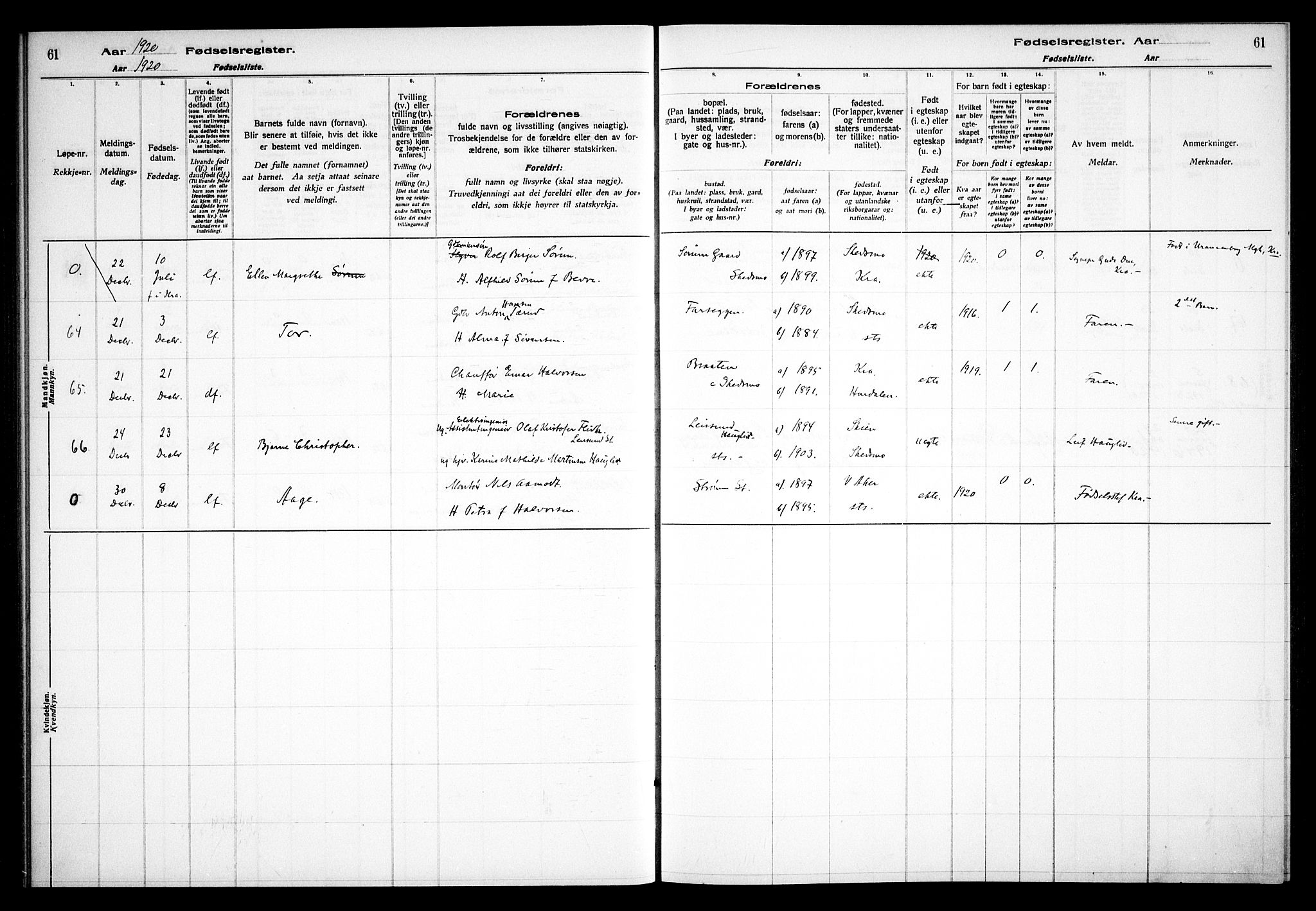 Skedsmo prestekontor Kirkebøker, SAO/A-10033a/J/Ja/L0001: Birth register no. I 1, 1916-1931, p. 61