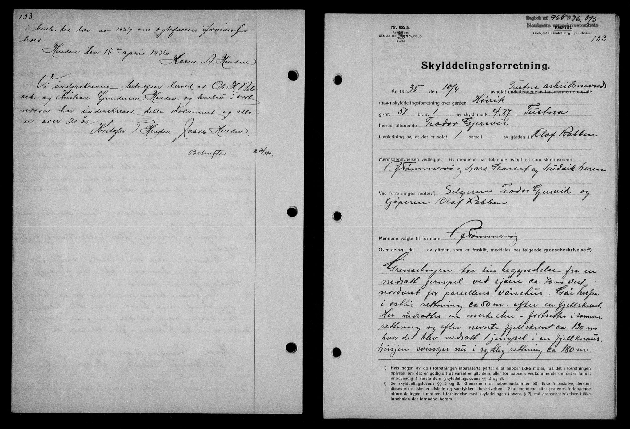 Nordmøre sorenskriveri, AV/SAT-A-4132/1/2/2Ca/L0088: Mortgage book no. 78, 1936-1936, Diary no: : 965/1936