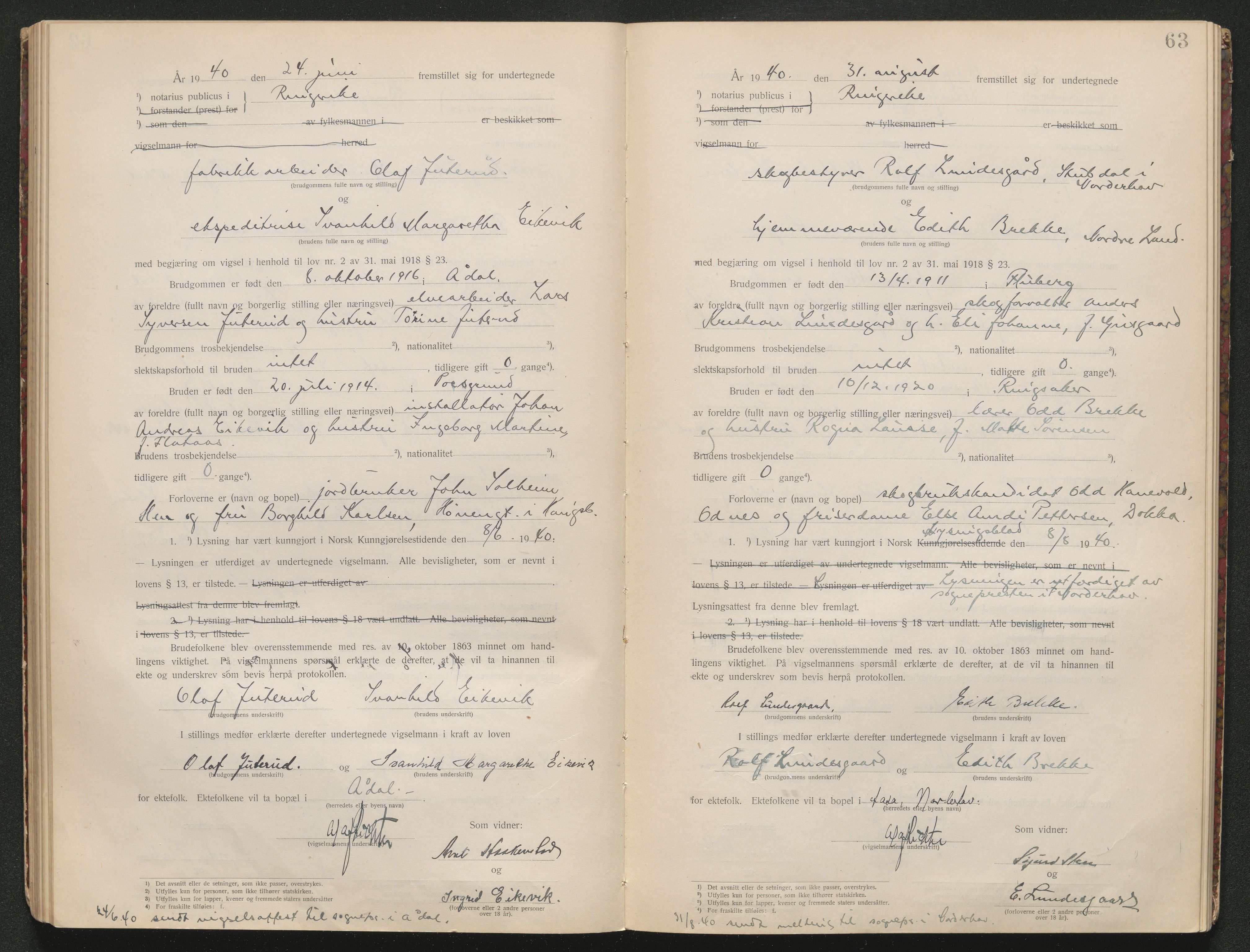 Ringerike sorenskriveri, SAKO/A-105/L/Lc/L0001: Vigselsbok, 1920-1942, p. 63