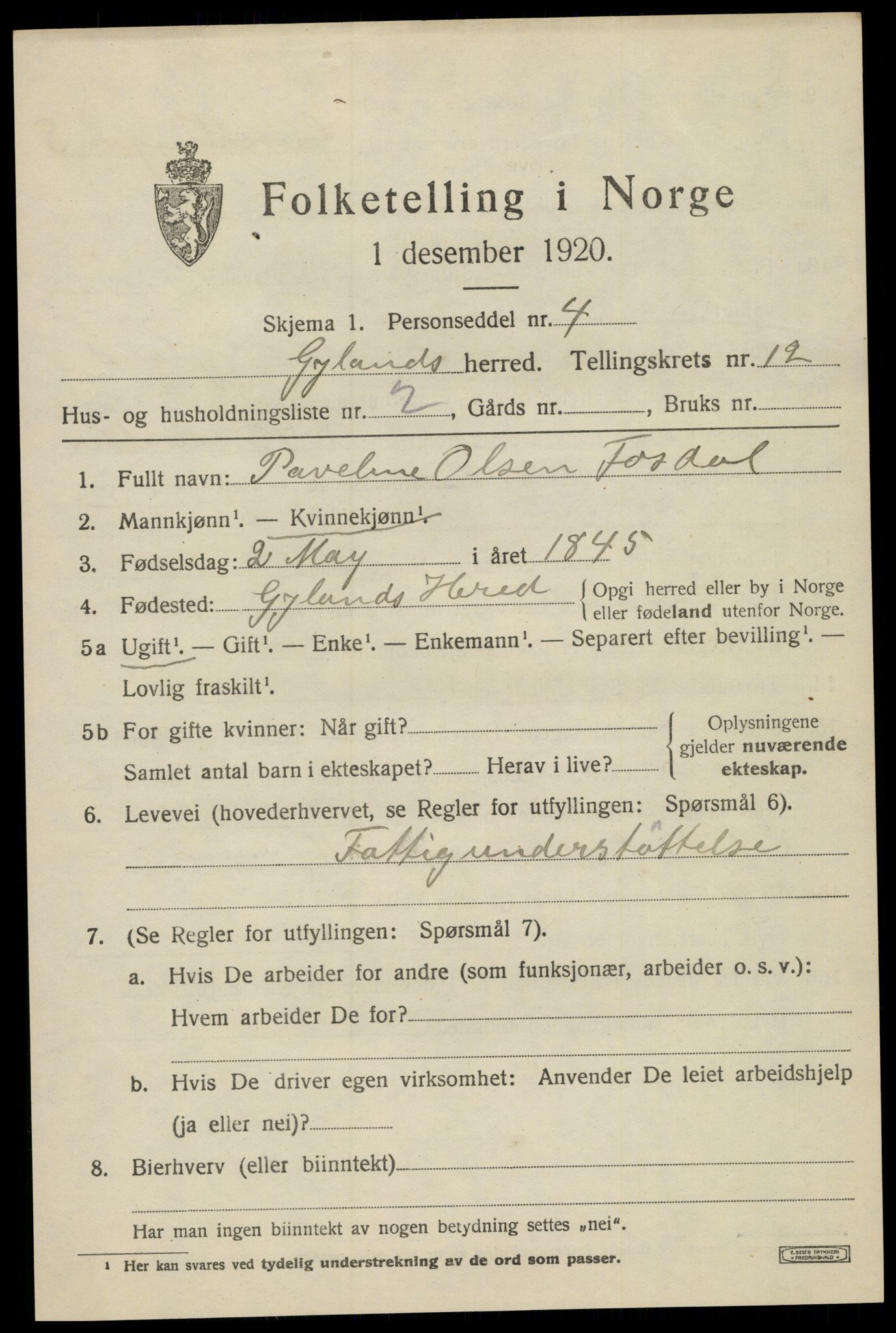 SAK, 1920 census for Gyland, 1920, p. 2448