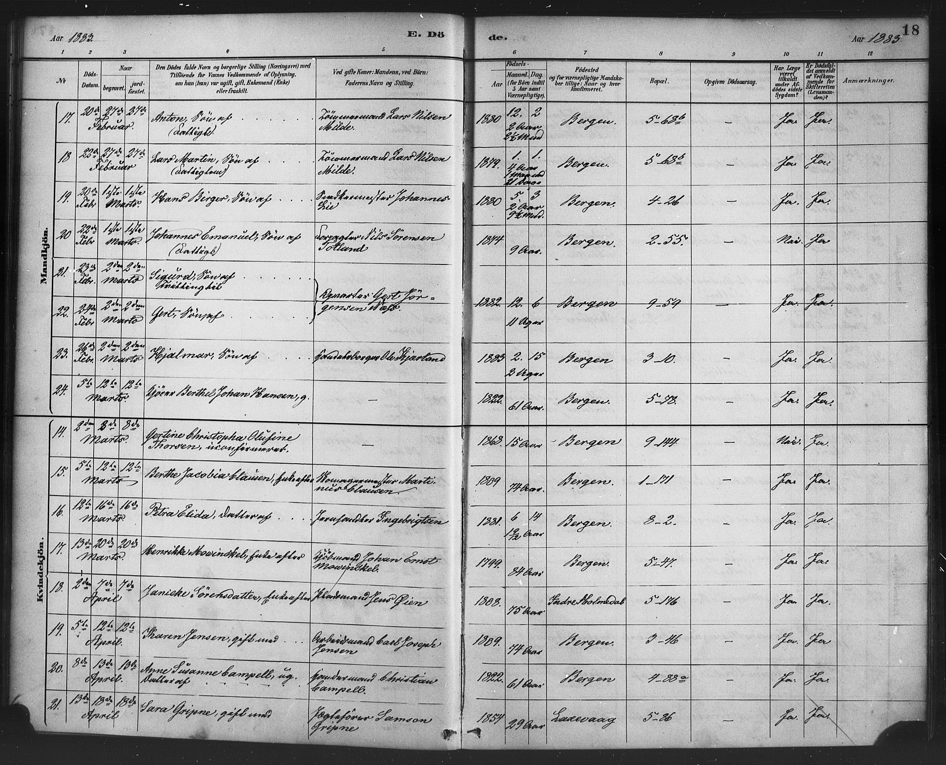 Nykirken Sokneprestembete, AV/SAB-A-77101/H/Haa/L0044: Parish register (official) no. E 4, 1882-1898, p. 18