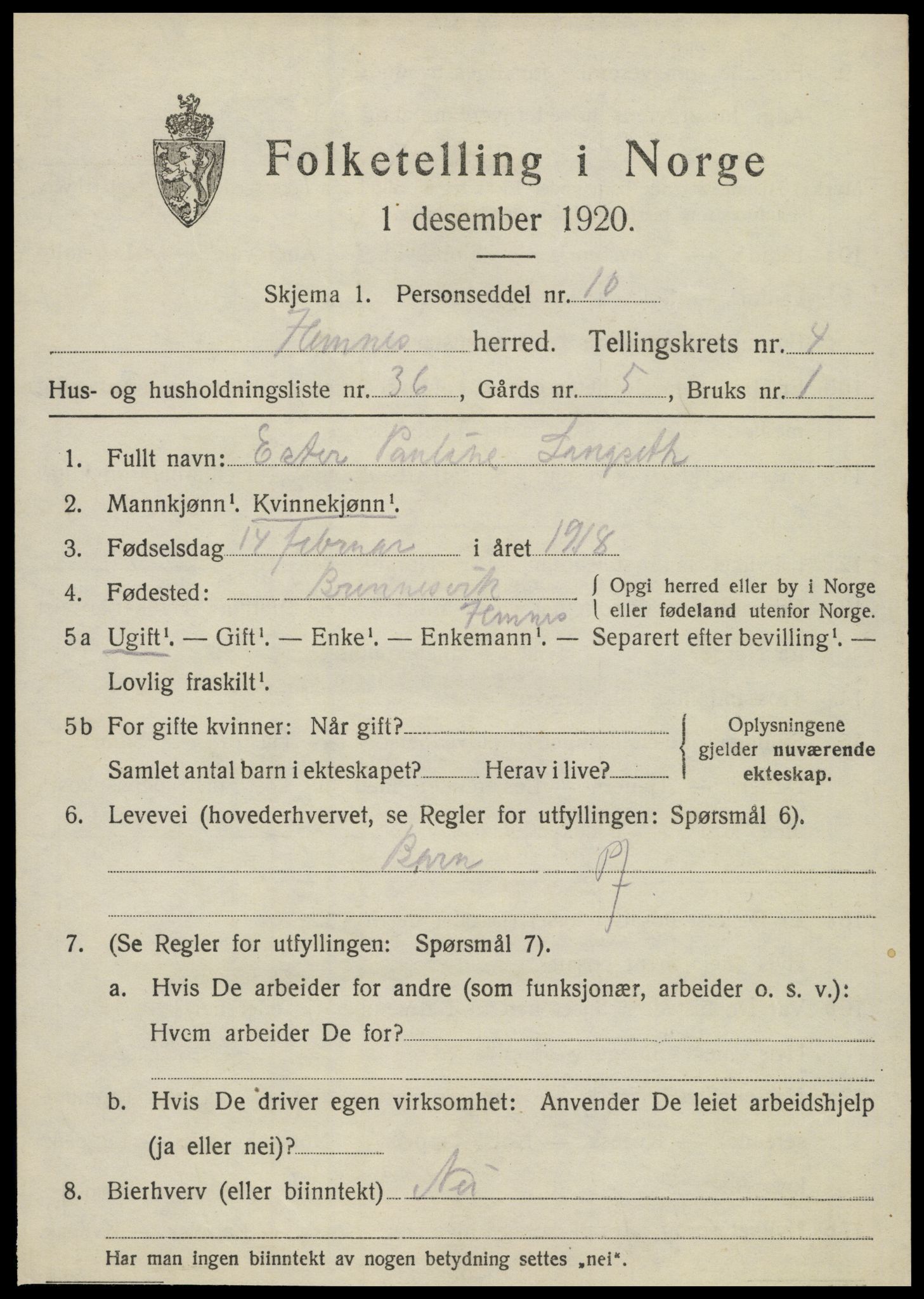 SAT, 1920 census for Hemnes, 1920, p. 5938