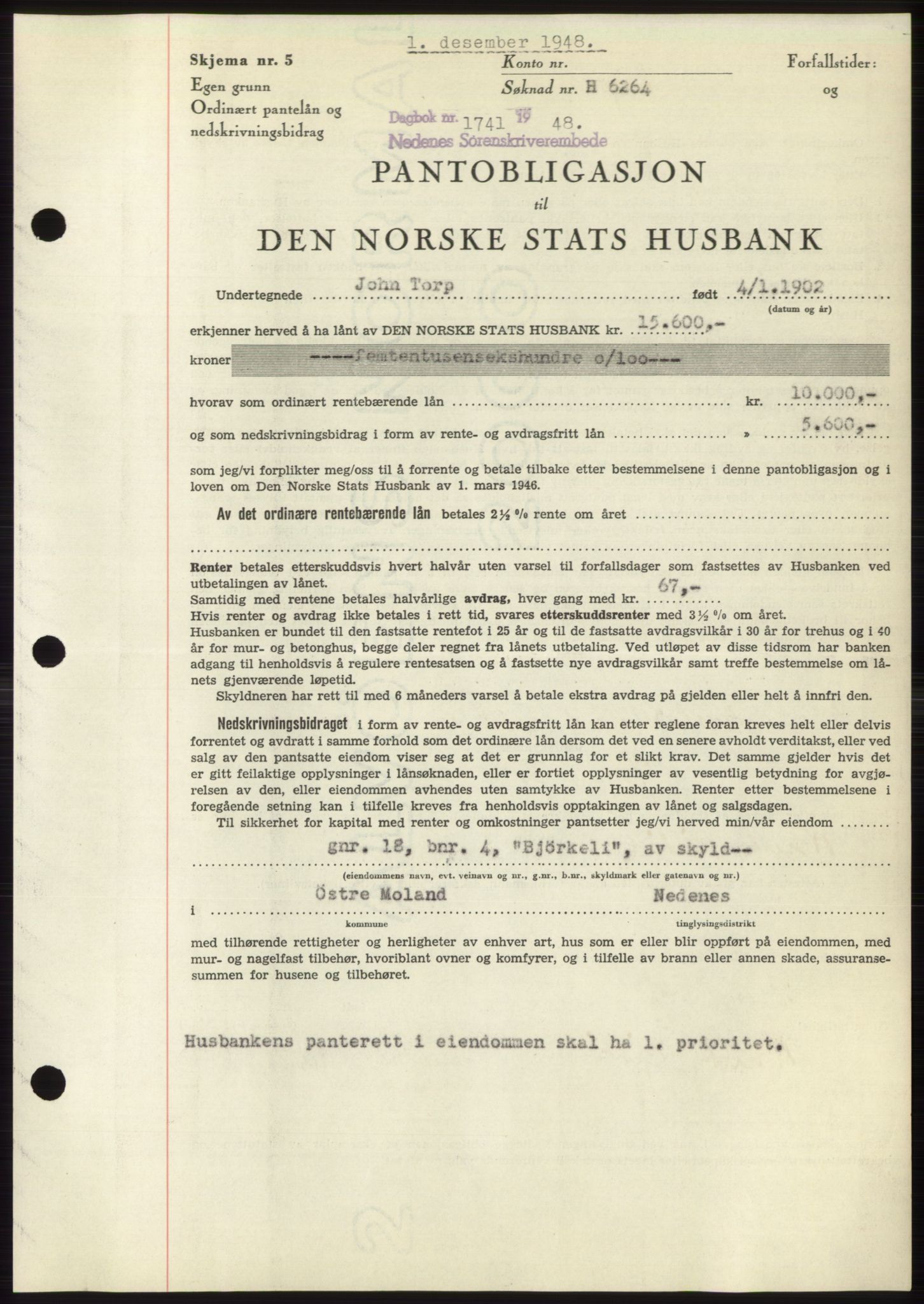 Nedenes sorenskriveri, AV/SAK-1221-0006/G/Gb/Gbb/L0005: Mortgage book no. B5, 1948-1948, Diary no: : 1741/1948