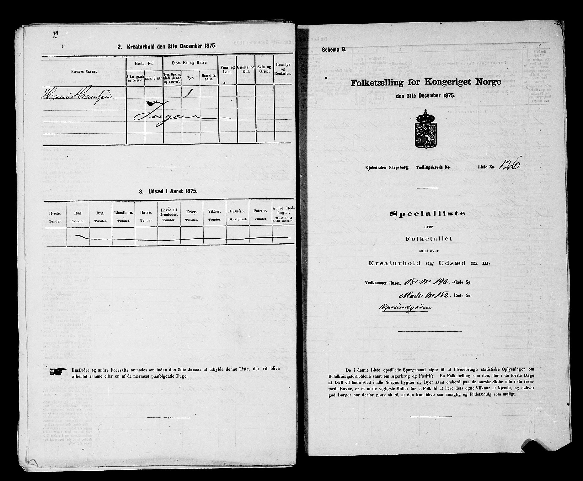 RA, 1875 census for 0102P Sarpsborg, 1875, p. 291