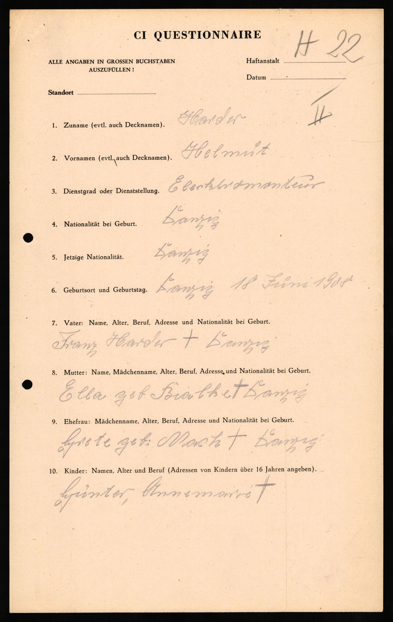 Forsvaret, Forsvarets overkommando II, AV/RA-RAFA-3915/D/Db/L0012: CI Questionaires. Tyske okkupasjonsstyrker i Norge. Tyskere., 1945-1946, p. 23