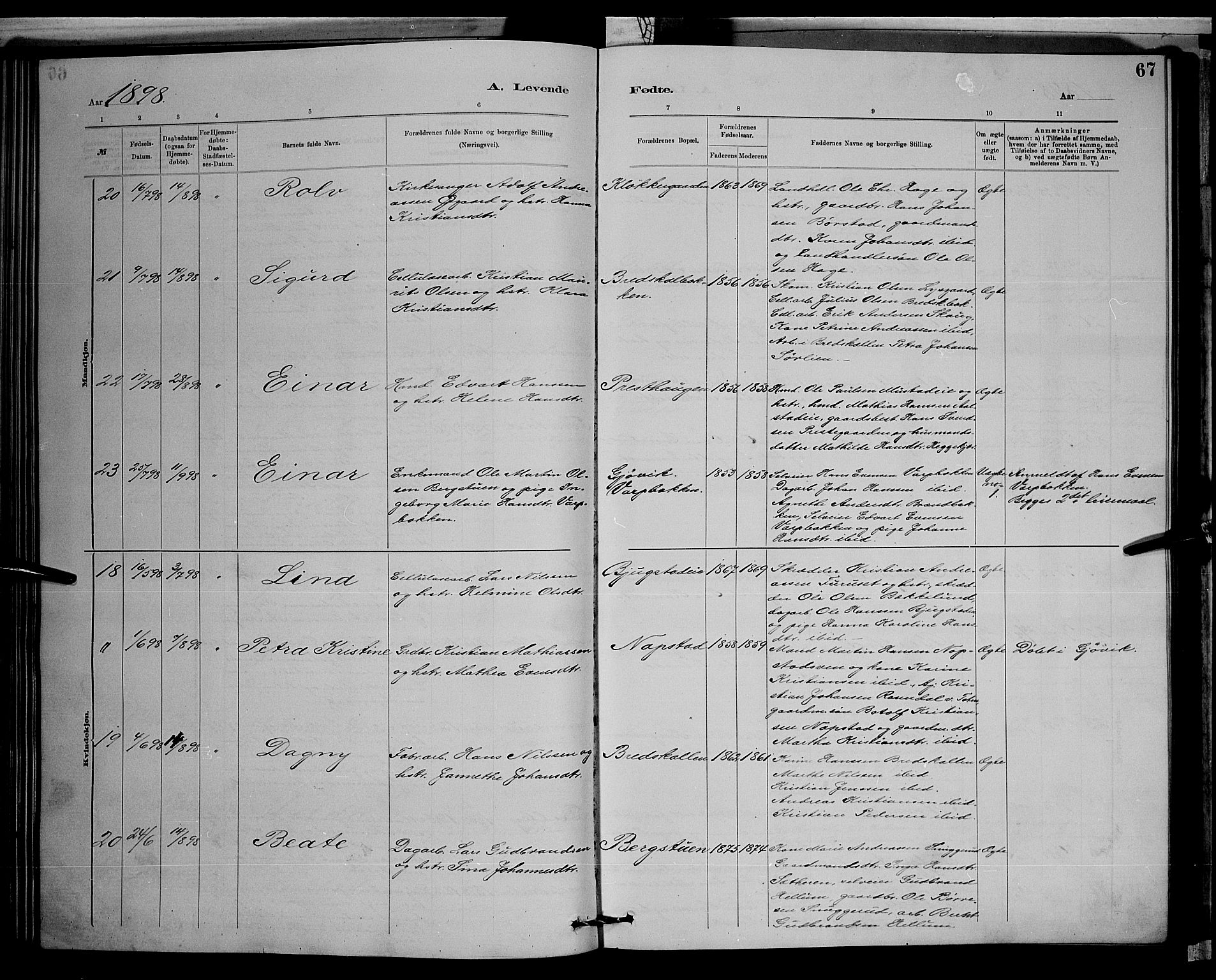 Vardal prestekontor, AV/SAH-PREST-100/H/Ha/Hab/L0008: Parish register (copy) no. 8, 1881-1898, p. 67