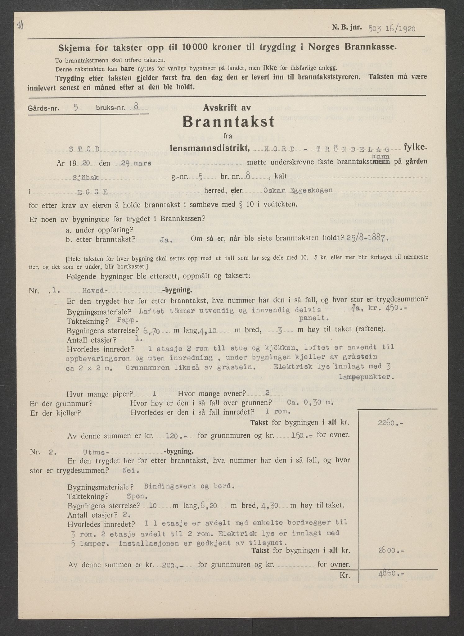 Stod lensmannskontor, AV/SAT-A-5914/T/L0133: Branntakstprotokoll, Egge, 1904-1953