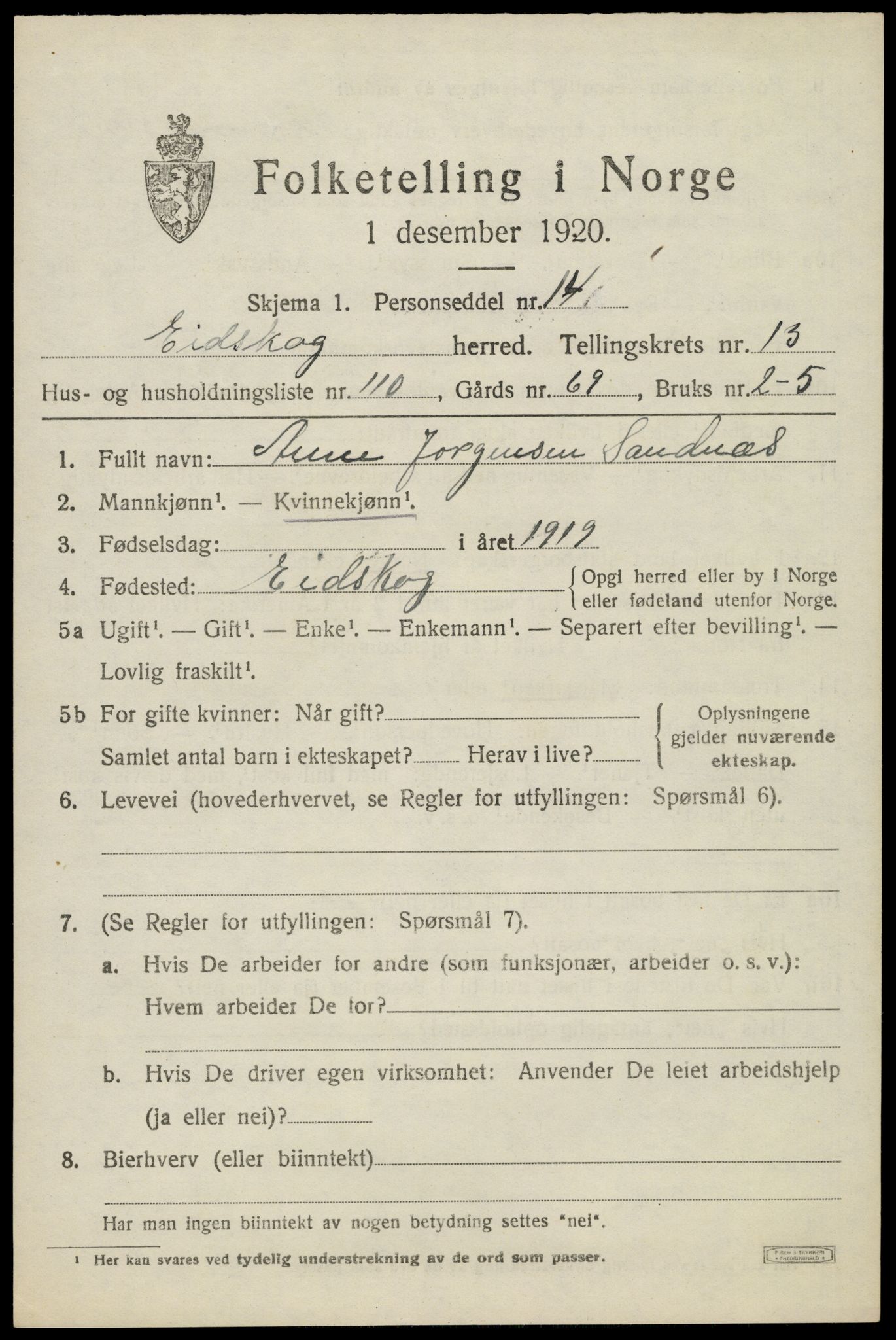 SAH, 1920 census for Eidskog, 1920, p. 13295