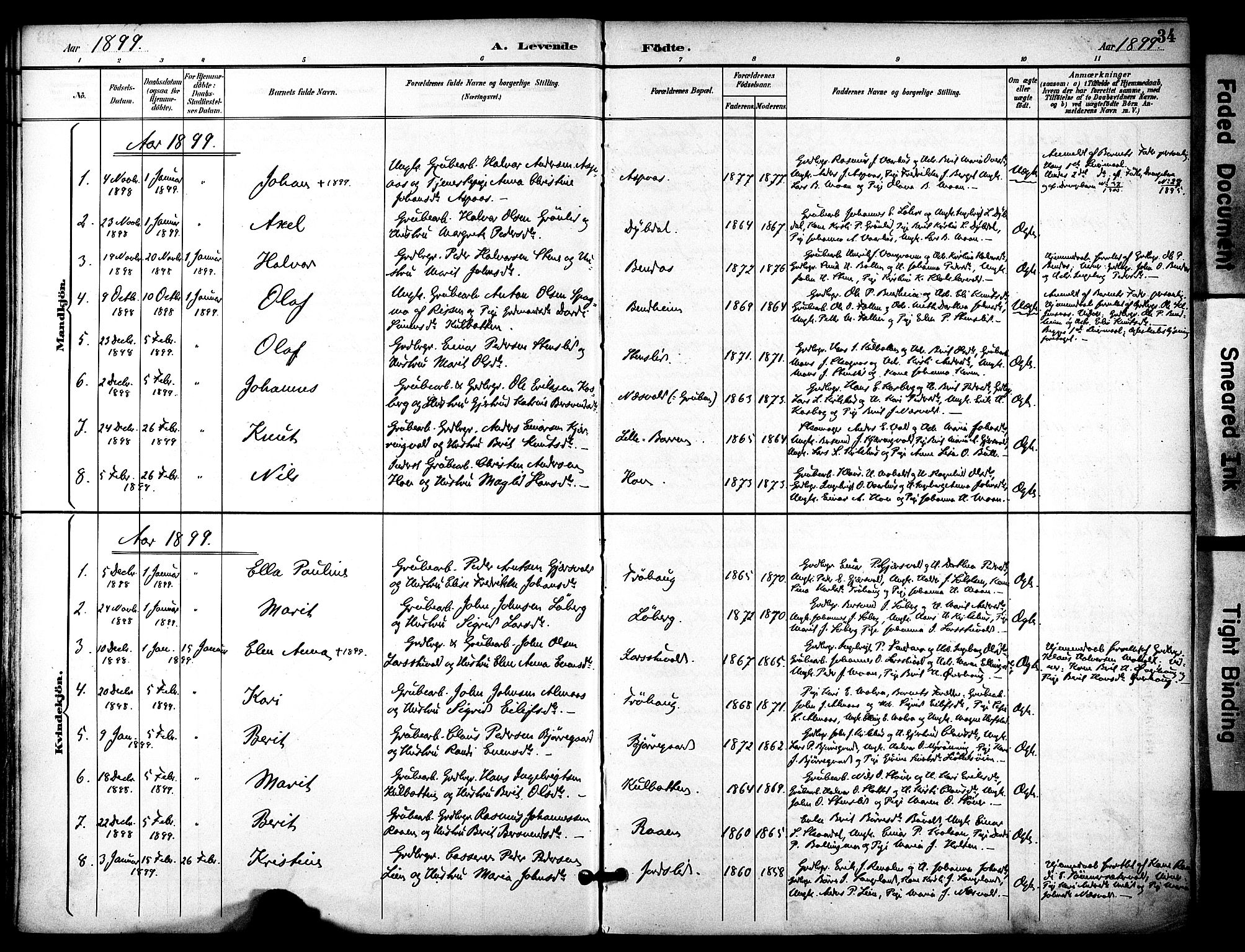 Ministerialprotokoller, klokkerbøker og fødselsregistre - Sør-Trøndelag, AV/SAT-A-1456/686/L0984: Parish register (official) no. 686A02, 1891-1906, p. 34