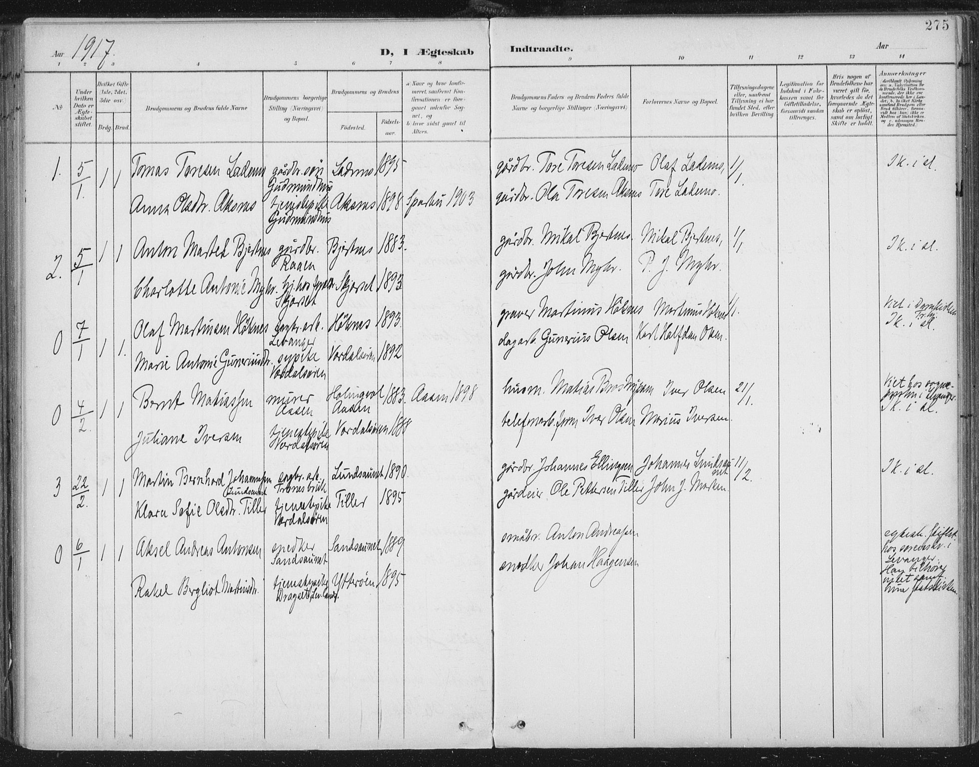 Ministerialprotokoller, klokkerbøker og fødselsregistre - Nord-Trøndelag, AV/SAT-A-1458/723/L0246: Parish register (official) no. 723A15, 1900-1917, p. 275