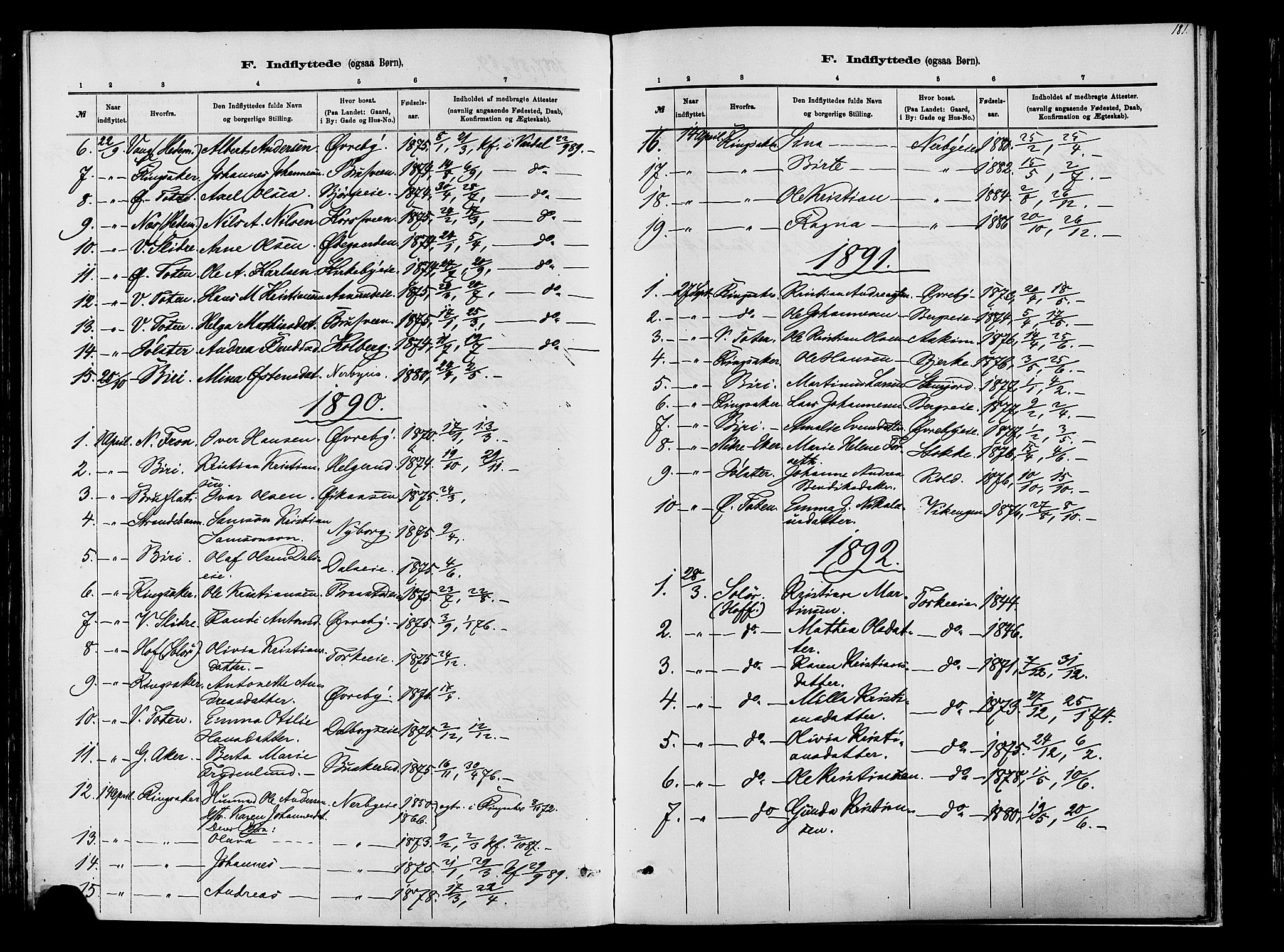 Vardal prestekontor, SAH/PREST-100/H/Ha/Haa/L0009: Parish register (official) no. 9, 1878-1892, p. 181