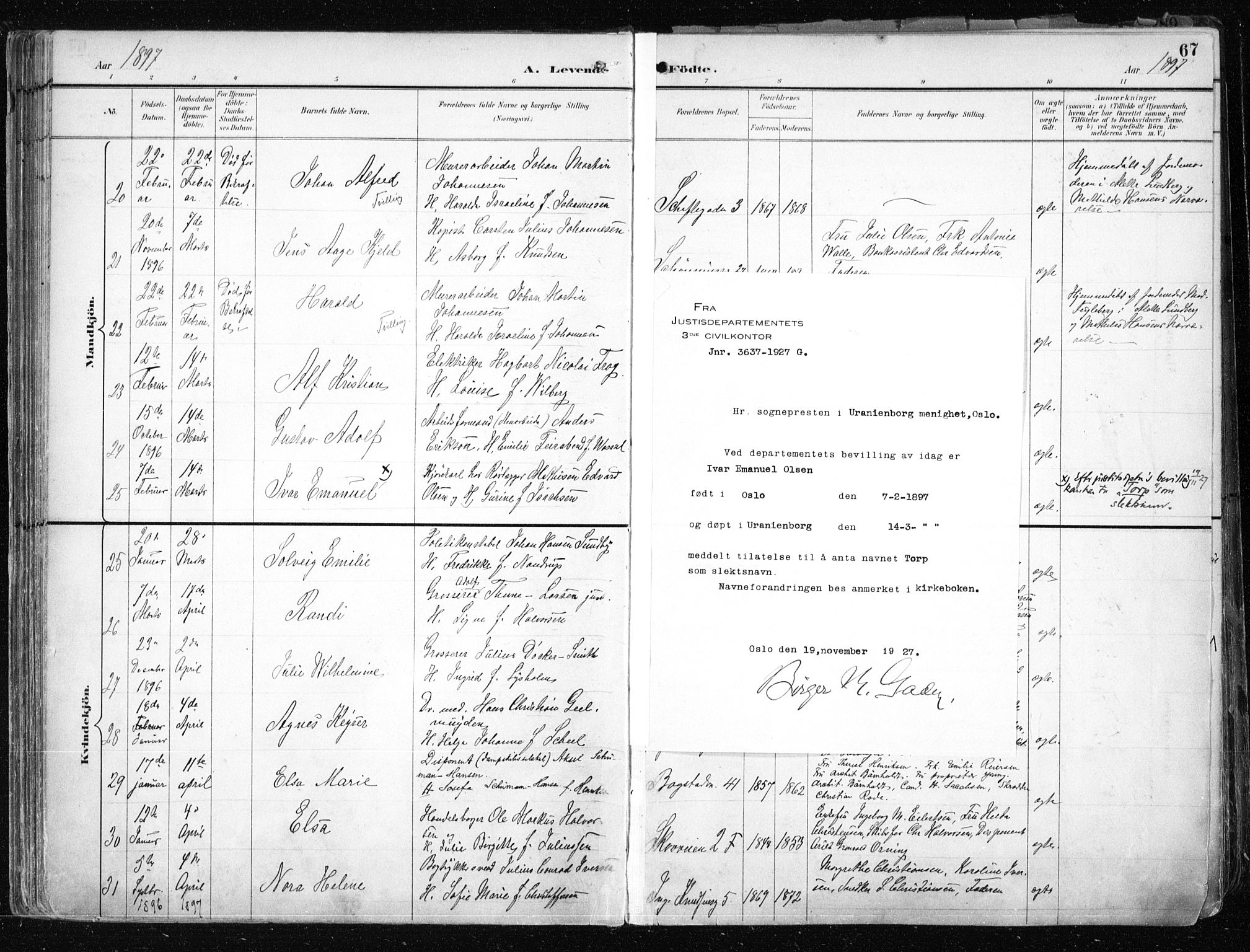 Uranienborg prestekontor Kirkebøker, AV/SAO-A-10877/F/Fa/L0005: Parish register (official) no. 5, 1895-1907, p. 67