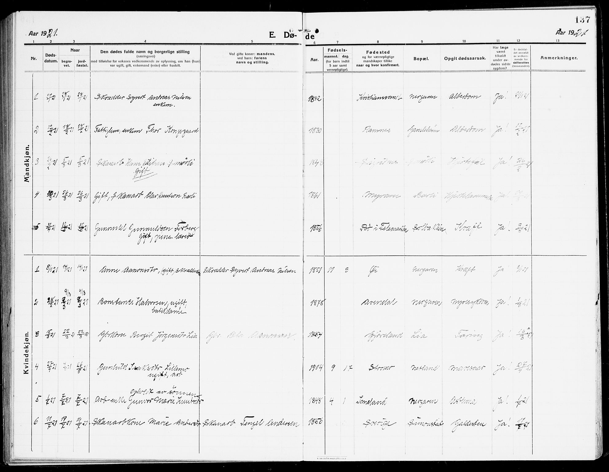 Åmli sokneprestkontor, AV/SAK-1111-0050/F/Fa/Fac/L0013: Parish register (official) no. A 13, 1914-1933, p. 137