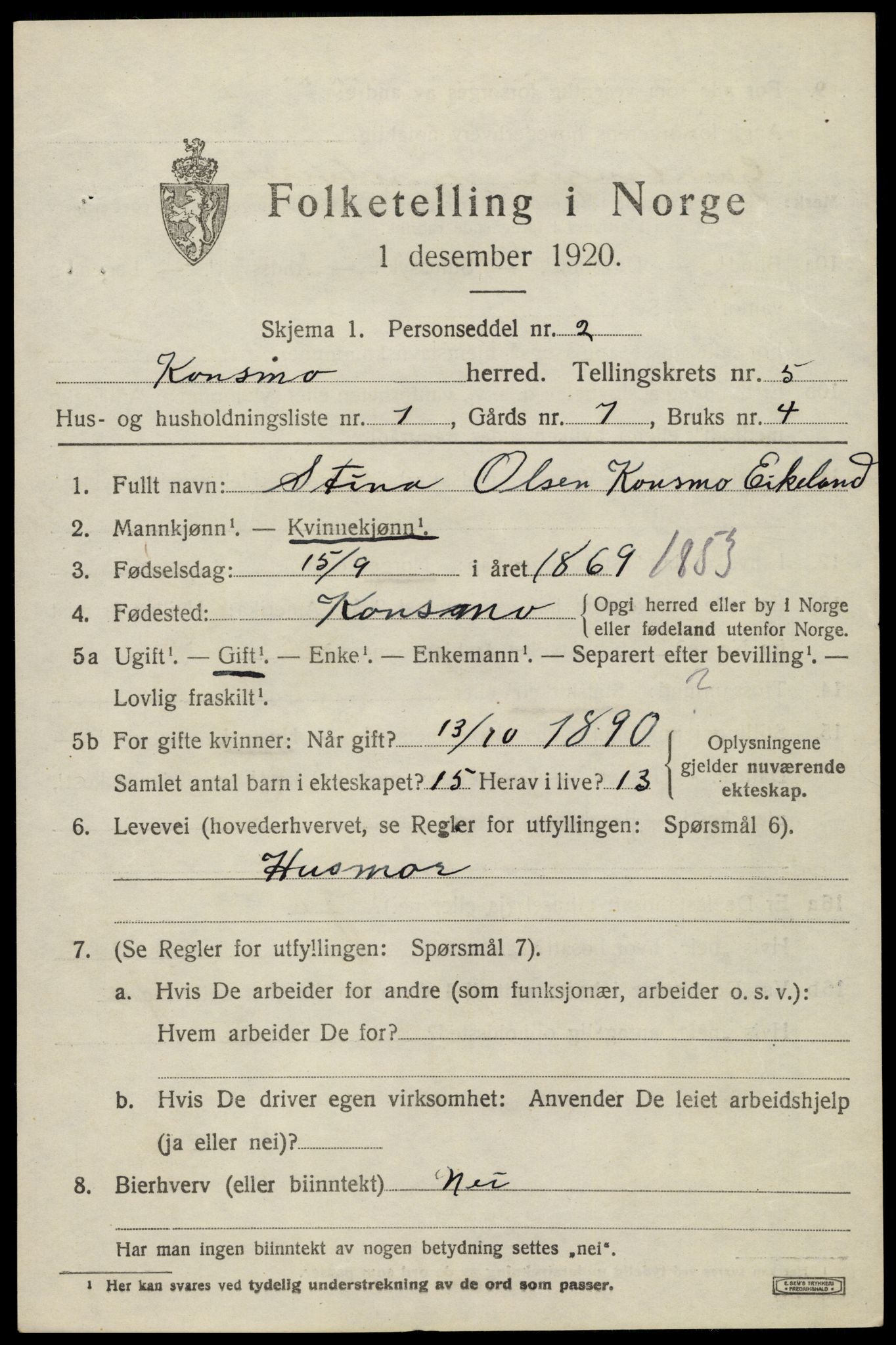 SAK, 1920 census for Konsmo, 1920, p. 1266