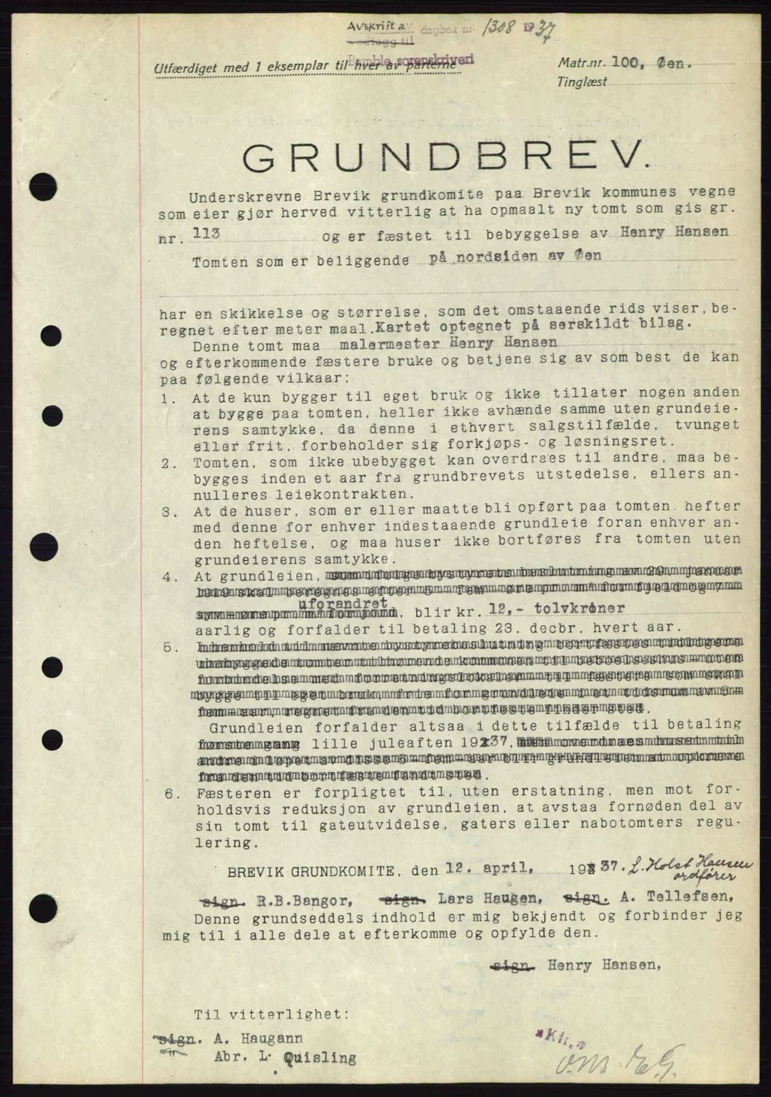 Bamble sorenskriveri, AV/SAKO-A-214/G/Ga/Gag/L0002: Mortgage book no. A-2, 1937-1938, Diary no: : 1308/1937