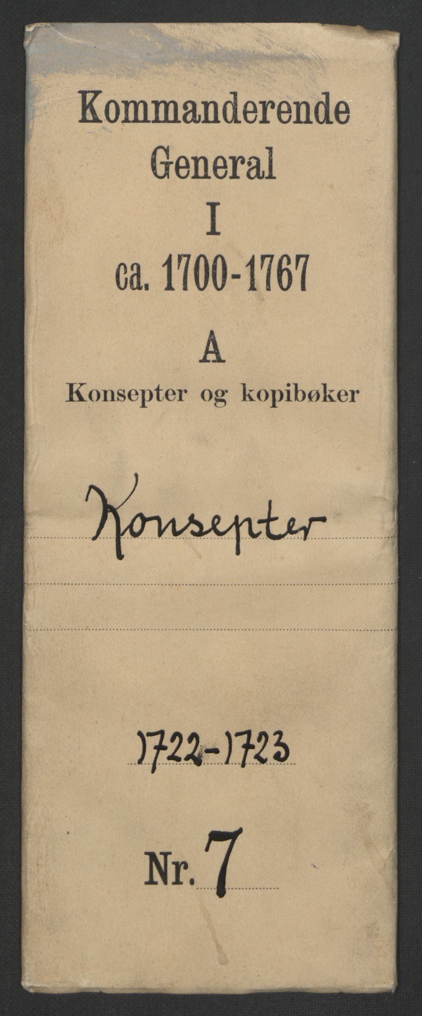 Kommanderende general (KG I) med Det norske krigsdirektorium, AV/RA-EA-5419/B/L0007: Kommanderende generals konsepter, 1722-1723, p. 1