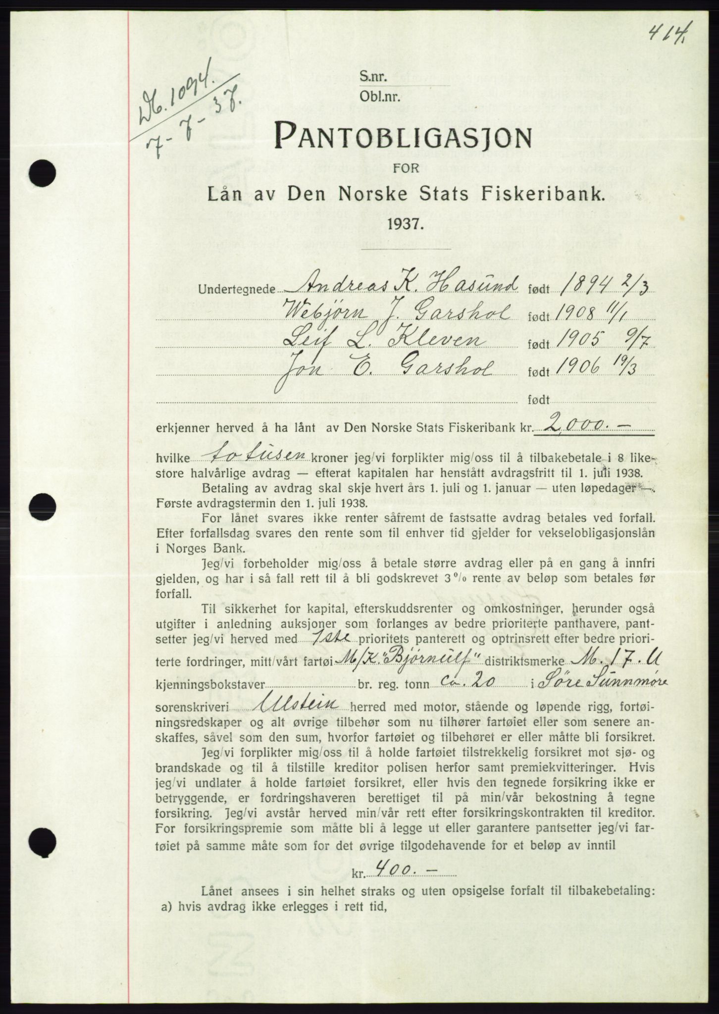 Søre Sunnmøre sorenskriveri, AV/SAT-A-4122/1/2/2C/L0063: Mortgage book no. 57, 1937-1937, Diary no: : 1094/1937