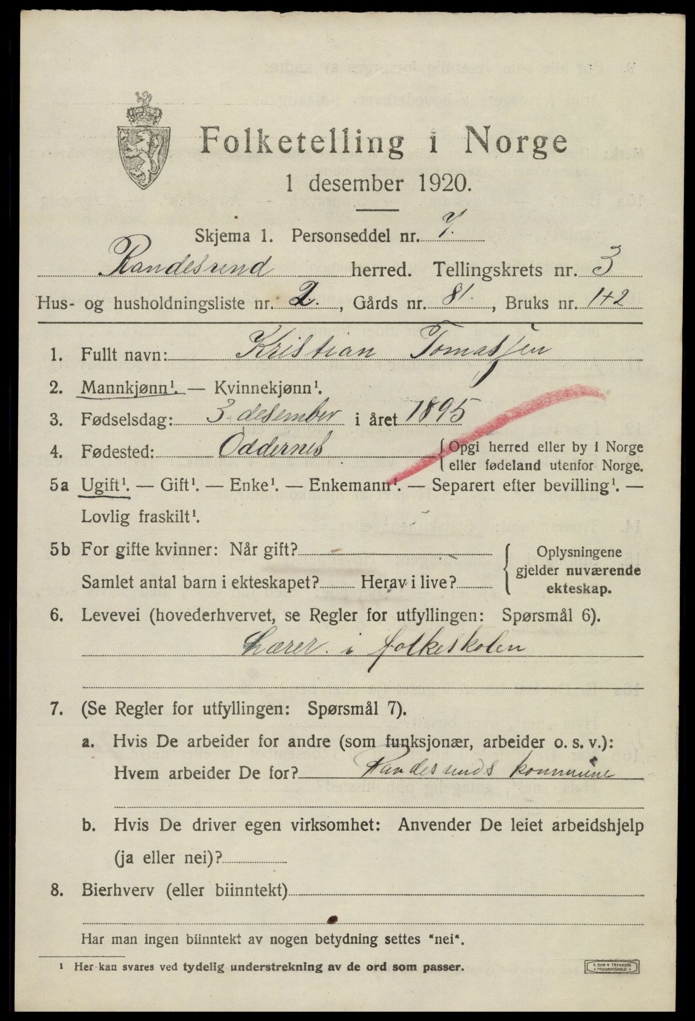 SAK, 1920 census for Randesund, 1920, p. 1464