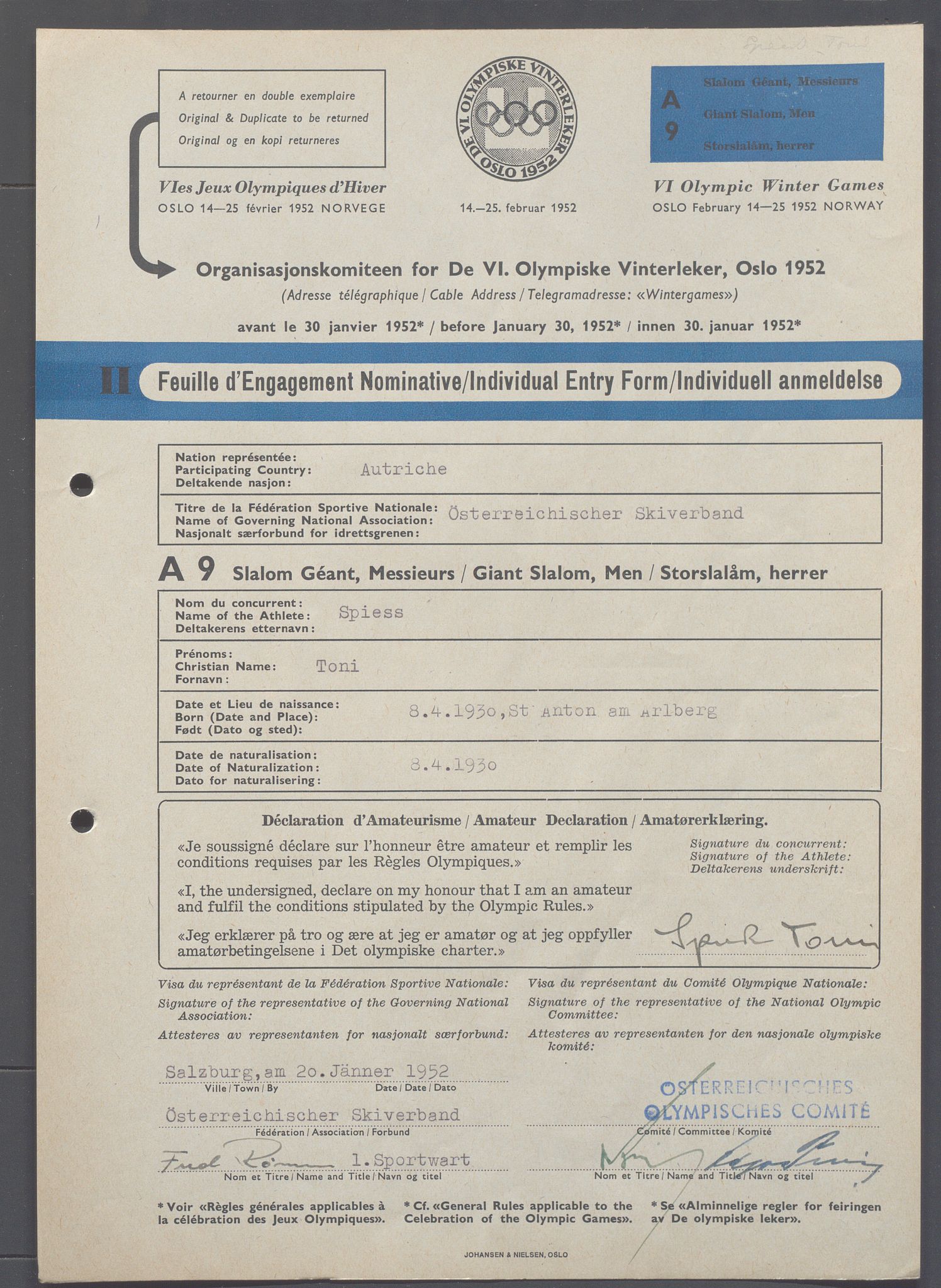 Organisasjonskomiteen for de VI. olympiske vinterleker, OBA/A-20130/H/Ha, 1951-1952, p. 724