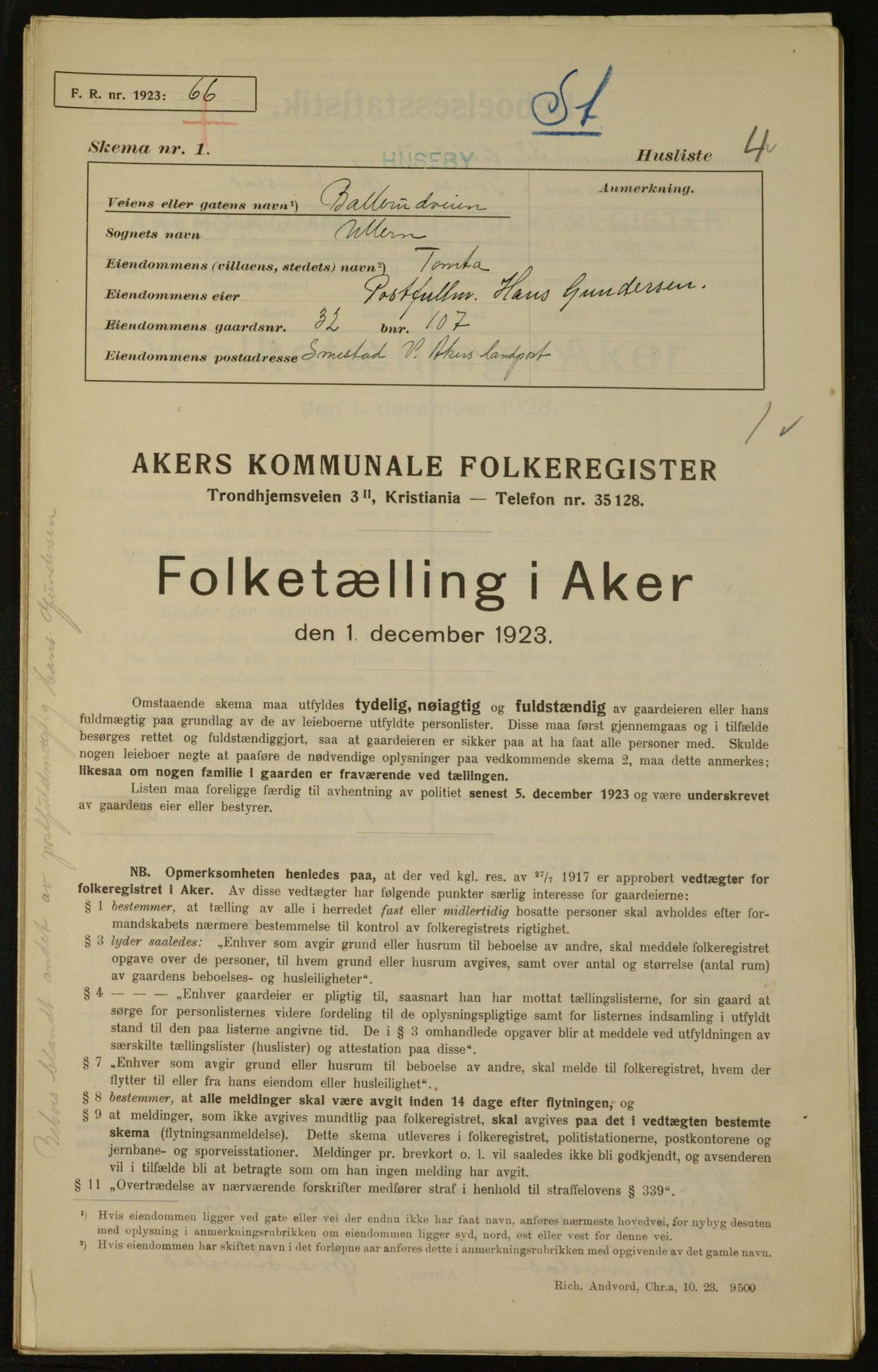 , Municipal Census 1923 for Aker, 1923, p. 339