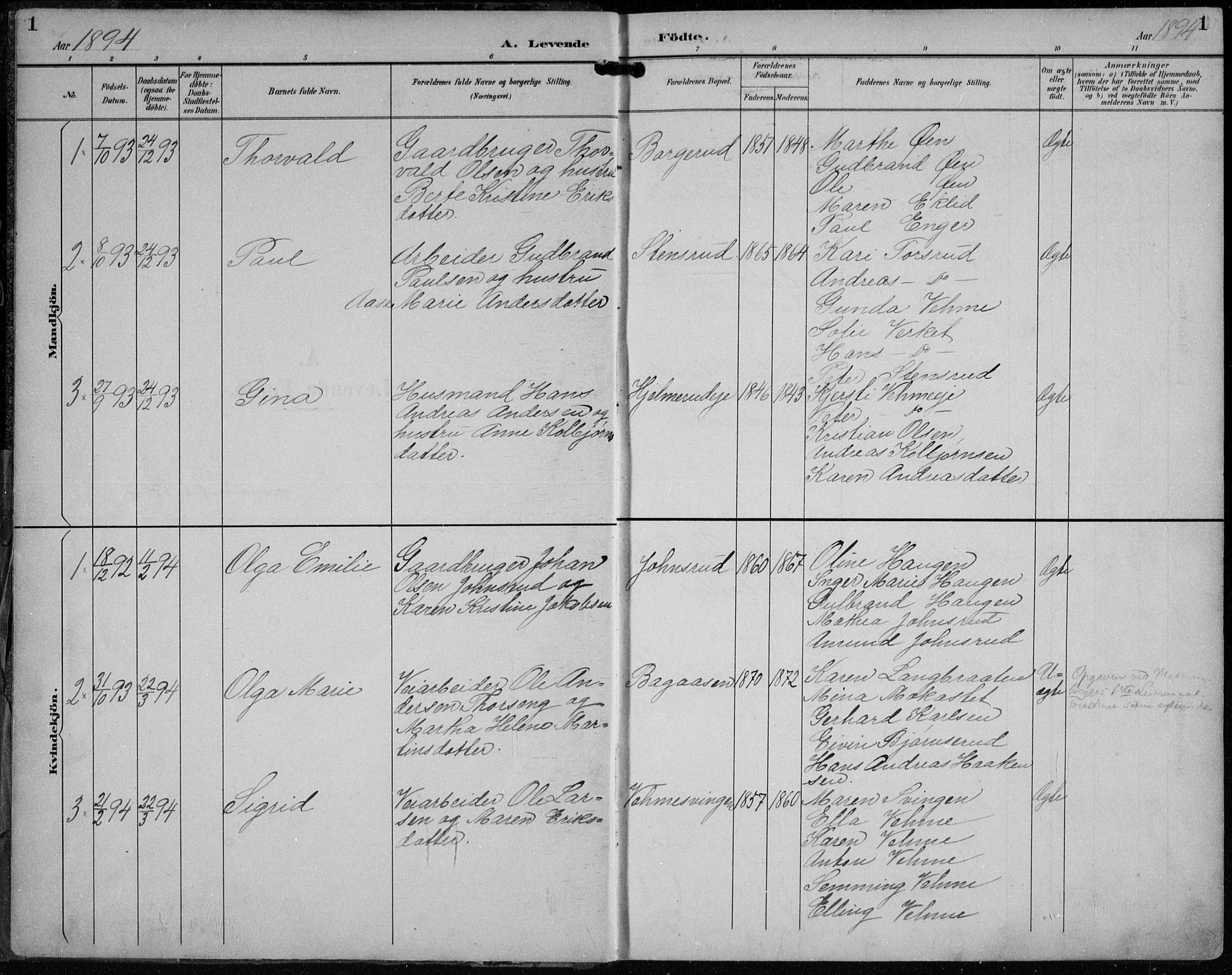 Lunder kirkebøker, AV/SAKO-A-629/F/Fb/L0001: Parish register (official) no. II 1, 1893-1916, p. 1