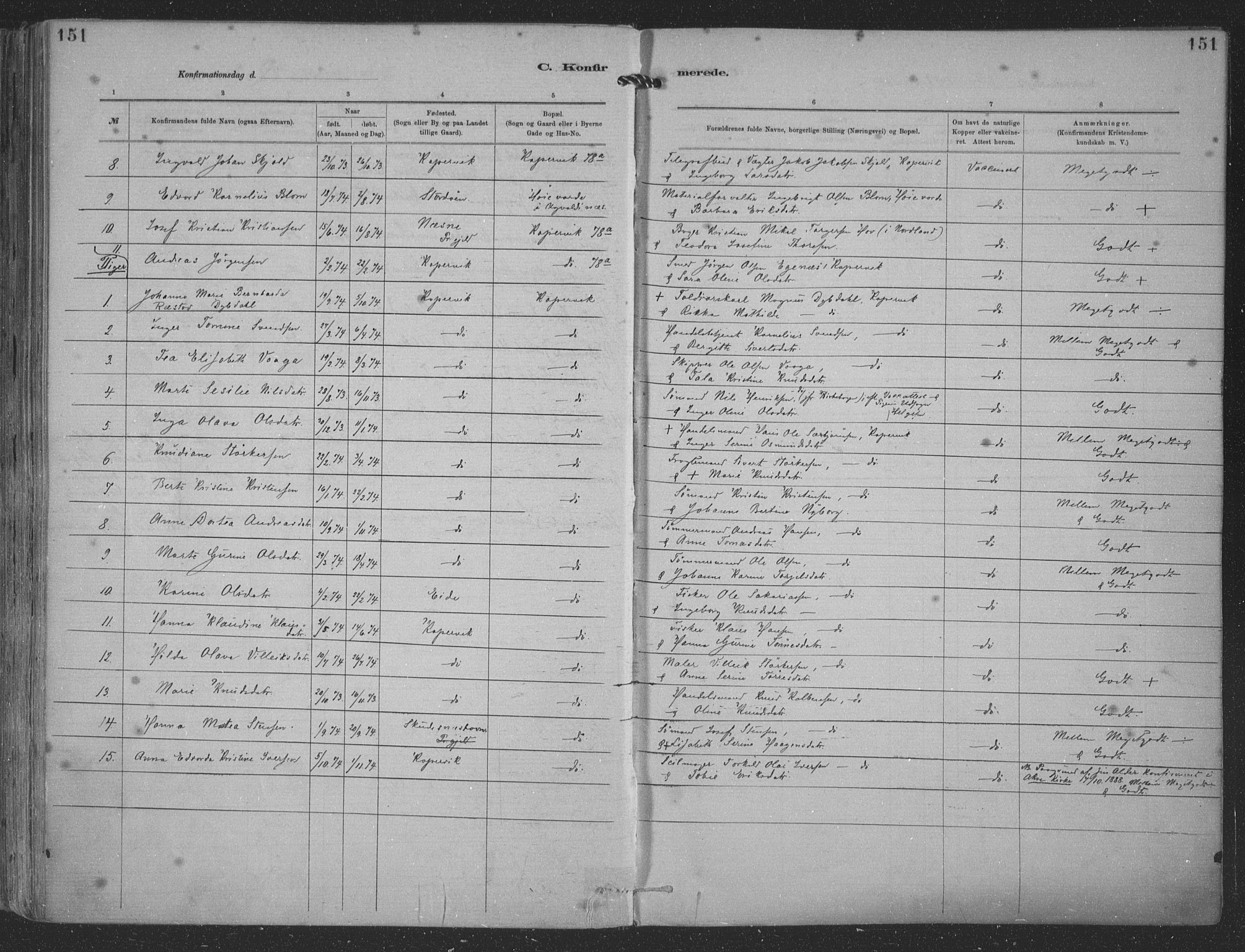 Kopervik sokneprestkontor, SAST/A-101850/H/Ha/Haa/L0001: Parish register (official) no. A 1, 1880-1919, p. 151