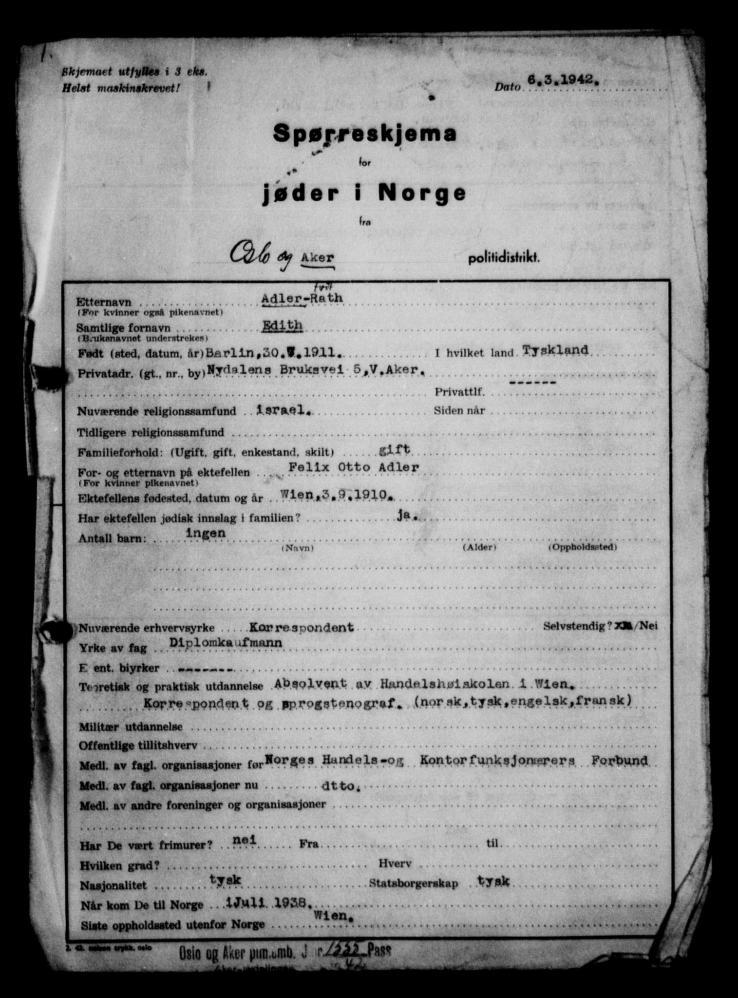 Statspolitiet - Hovedkontoret / Osloavdelingen, AV/RA-S-1329/G/Ga/L0011: Spørreskjema for jøder i Norge. 1: Oslo 610-806 (Plavnik-Zwillinger). 2: Aker 1-113 (Adler-Lewin). , 1942, p. 588