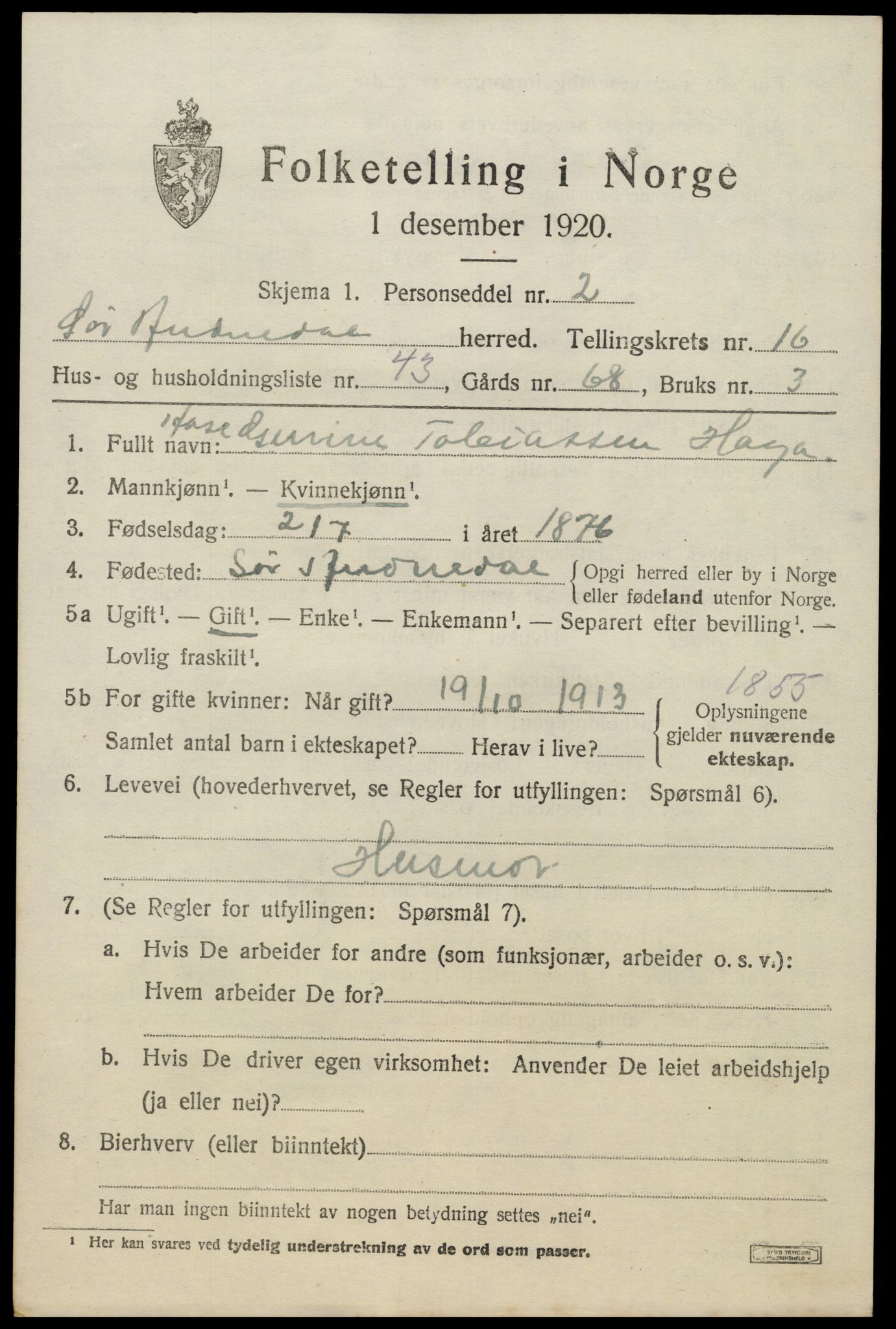 SAK, 1920 census for Sør-Audnedal, 1920, p. 6257