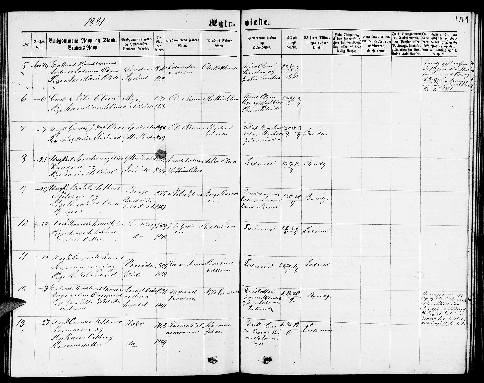 Gloppen sokneprestembete, AV/SAB-A-80101/H/Hab/Habb/L0001: Parish register (copy) no. B 1, 1872-1888, p. 154