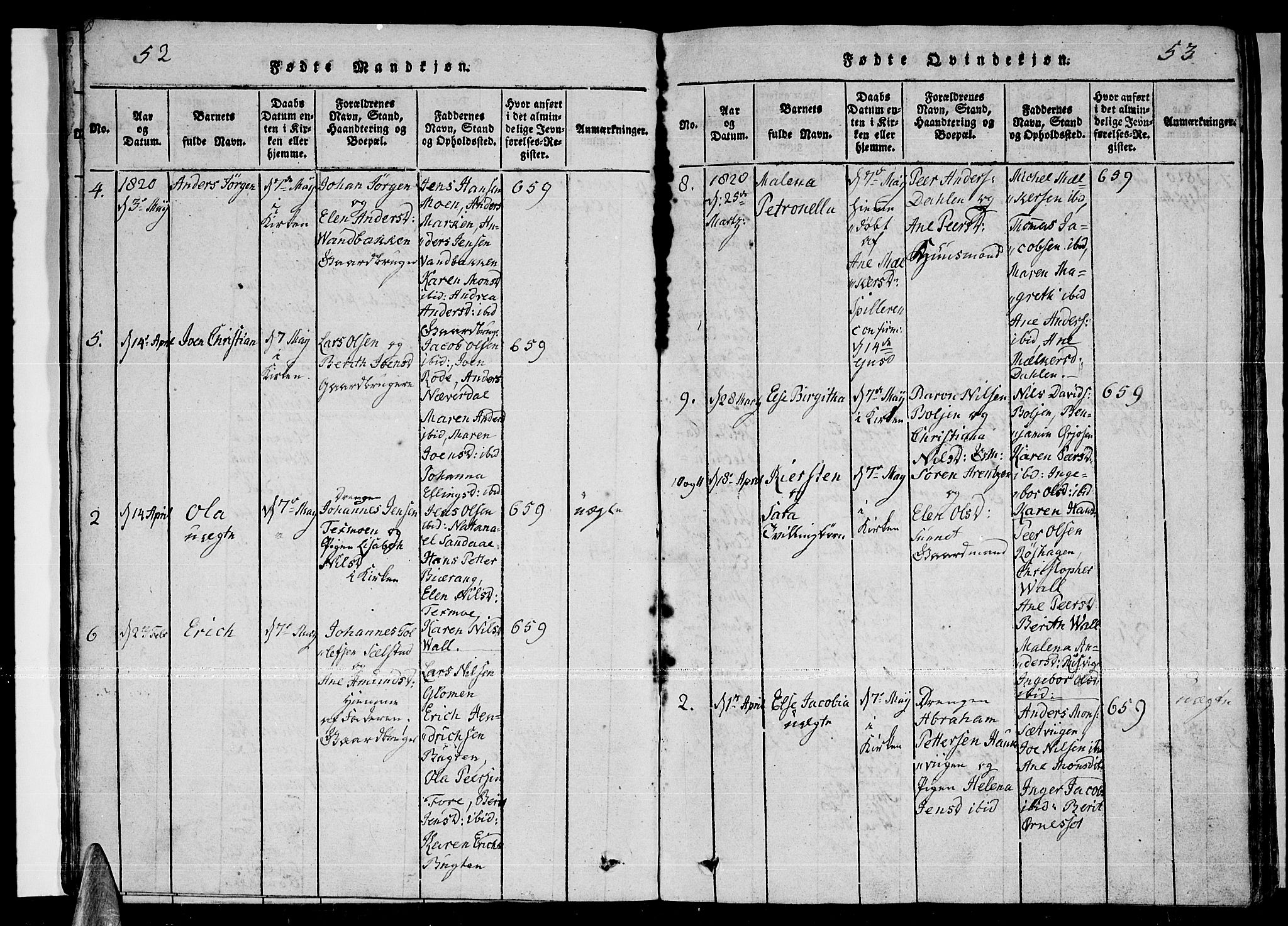 Ministerialprotokoller, klokkerbøker og fødselsregistre - Nordland, AV/SAT-A-1459/841/L0593: Parish register (official) no. 841A04 /2, 1820-1825, p. 52-53